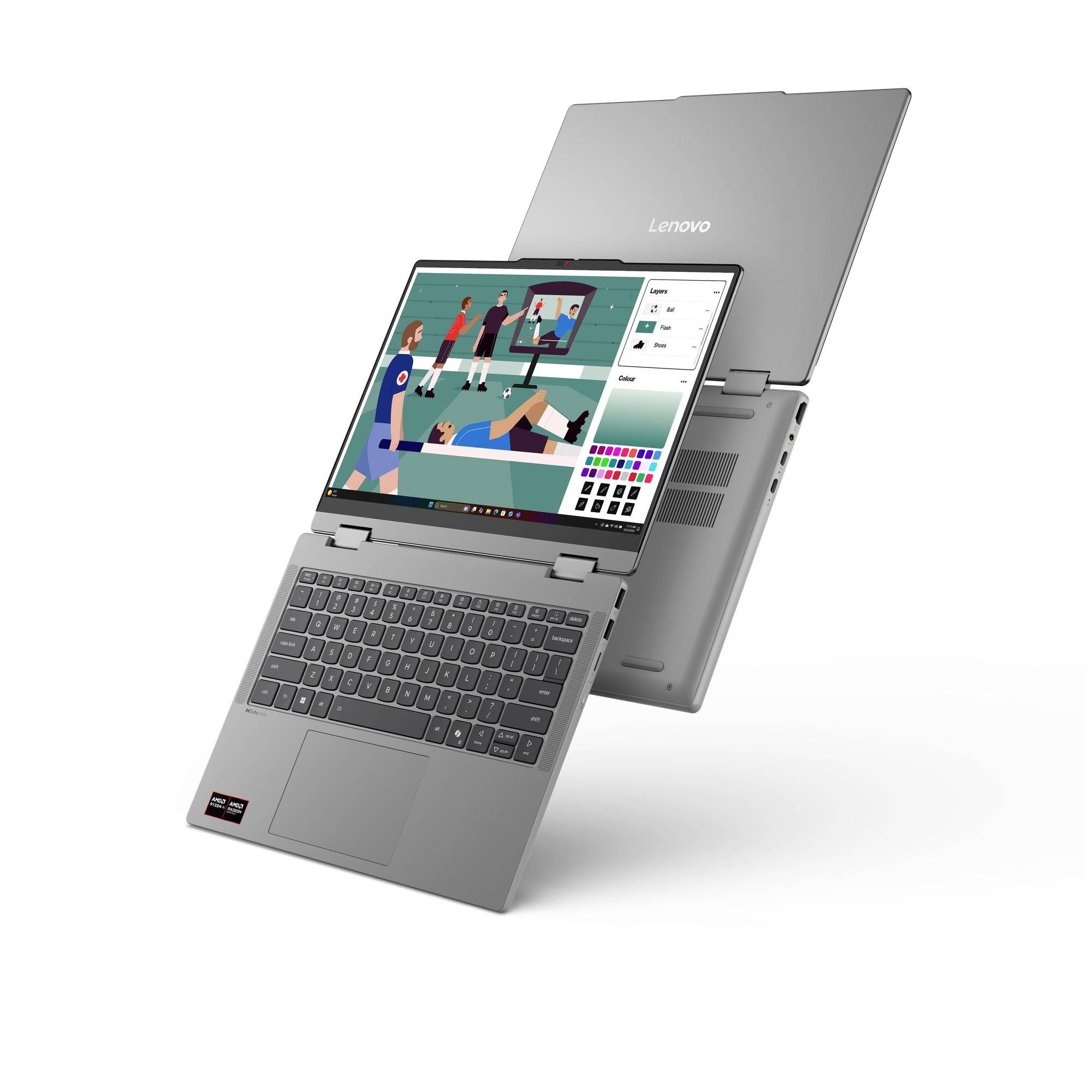 Lenovo 2-in-1 Laptop im Zeltstil, zeigt eine Zeichen-App auf dem Bildschirm mit einer Farbpalette auf dem Bildschirm und einer Skizzenillustration.