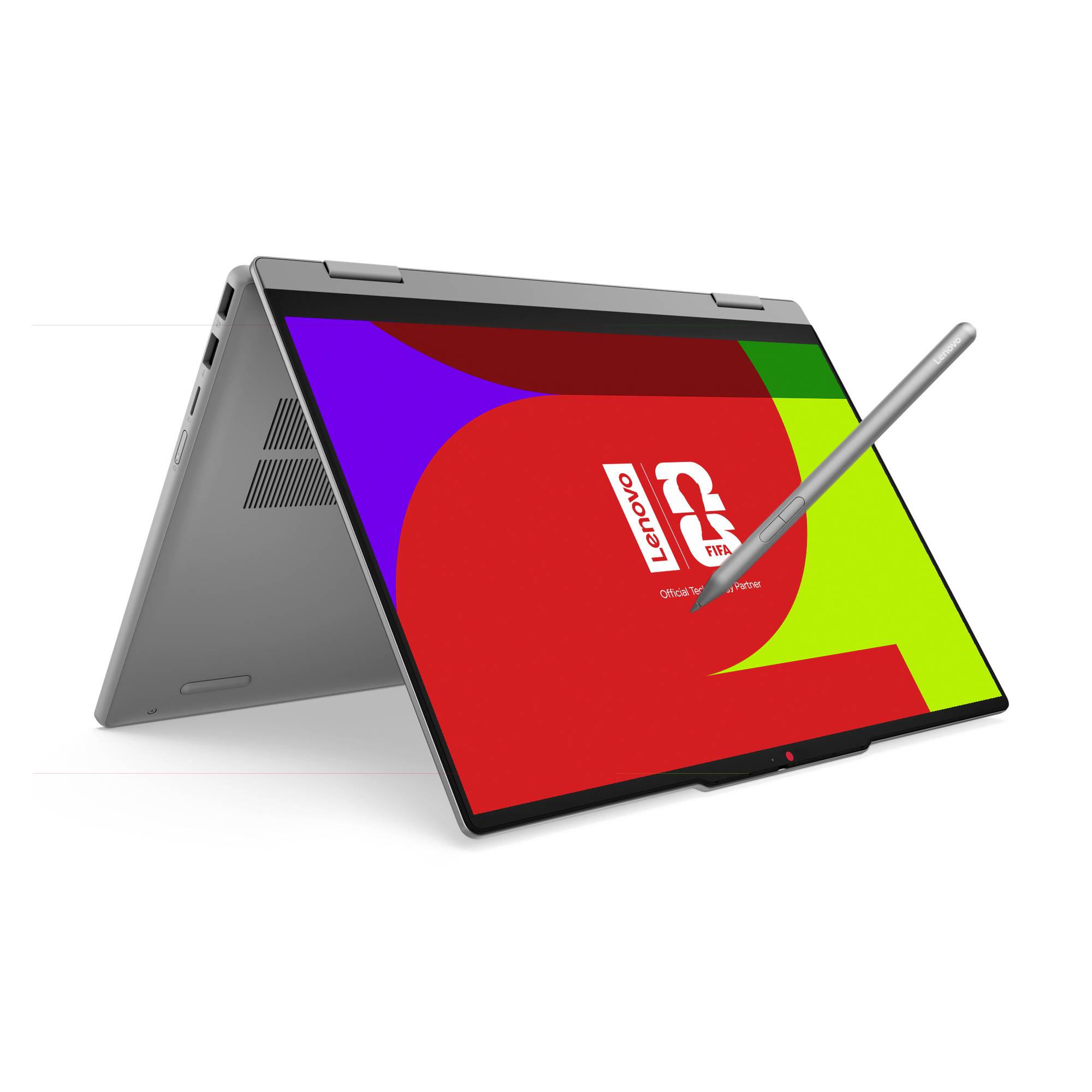 Convertibles Lenovo-Laptop im Zeltmodus mit Stift, der den Touchscreen berührt