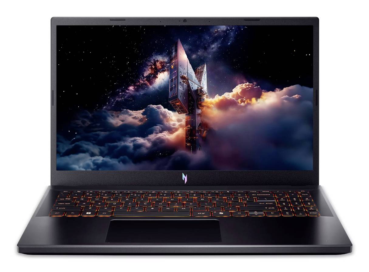 Ein Gaming-Laptop mit einer orange beleuchteten Tastatur zeigt eine Rakete, die durch Wolken ins All startet, auf seinem Bildschirm.