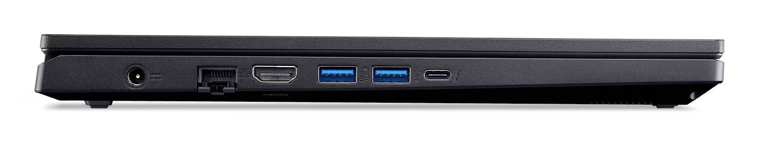 Seitenansicht eines geschlossenen schwarzen Laptops, die die Vorderkante mit Audio-, USB-, HDMI- und Ladeanschlüssen zeigt.