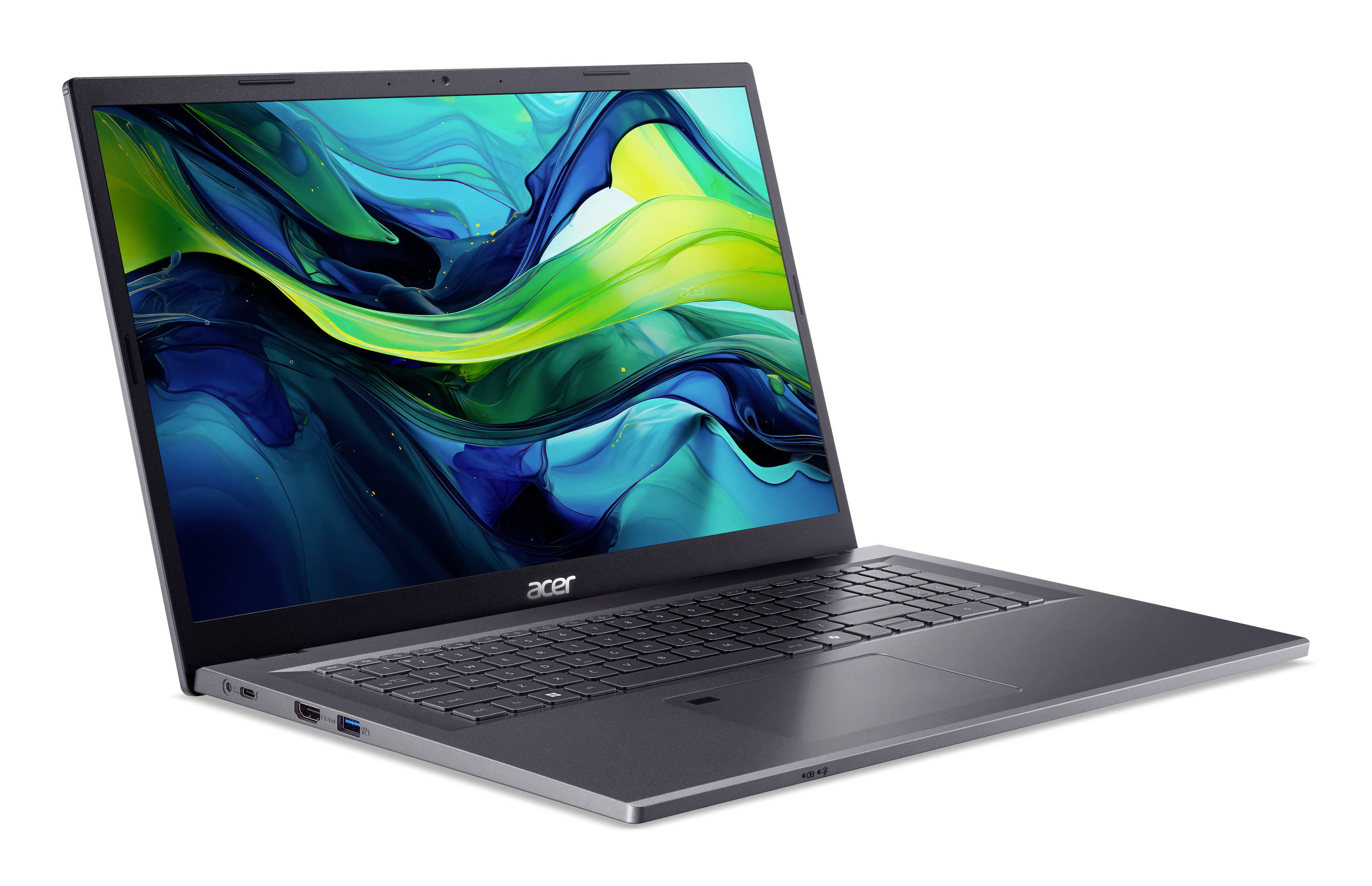 Acer-Laptop, aufgeklappt in einem Winkel gezeigt, mit leuchtend abstraktem grün-, blau- und gelbem Hintergrundbild.