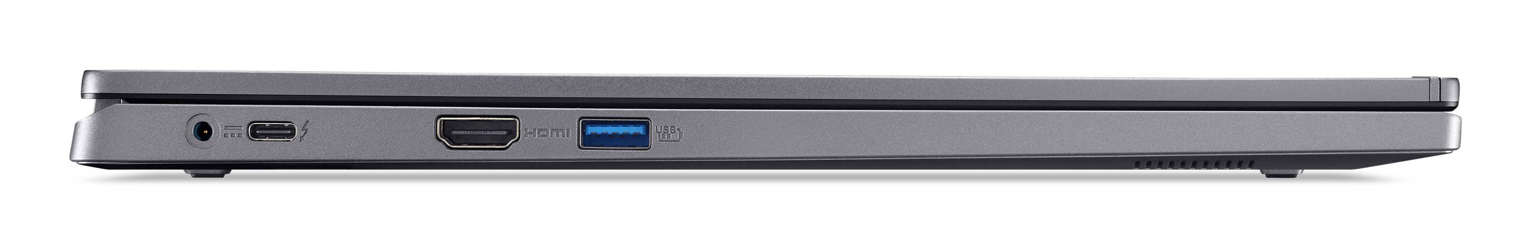 Seitenansicht eines schlanken silbernen Laptops mit Anschlüssen: Kopfhörerbuchse, USB-C, HDMI und blauem USB-A.