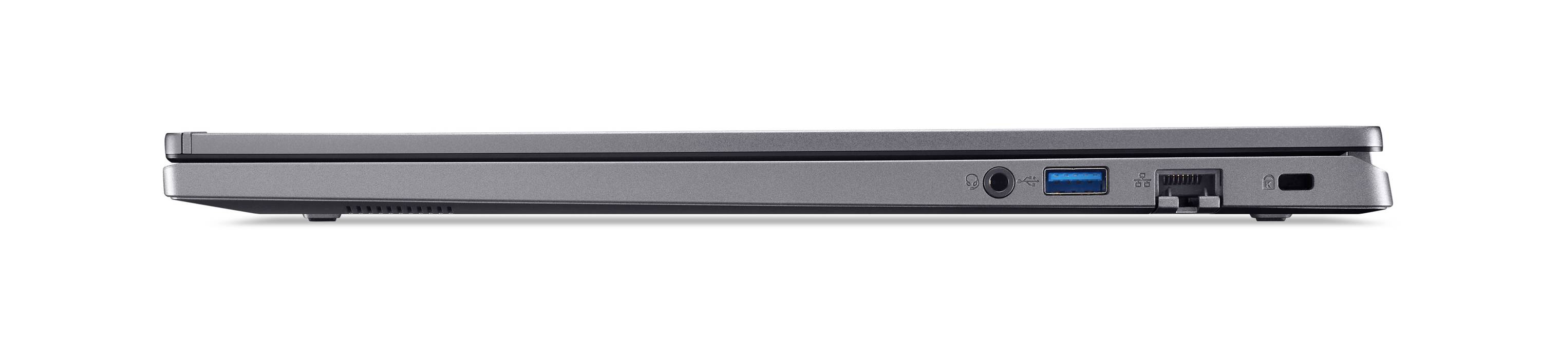 Seitenansicht eines geschlossenen silbernen Laptops, die seine linke Kante mit einer Kopfhörerbuchse, einem USB-Anschluss und anderen Anschlüssen zeigt.