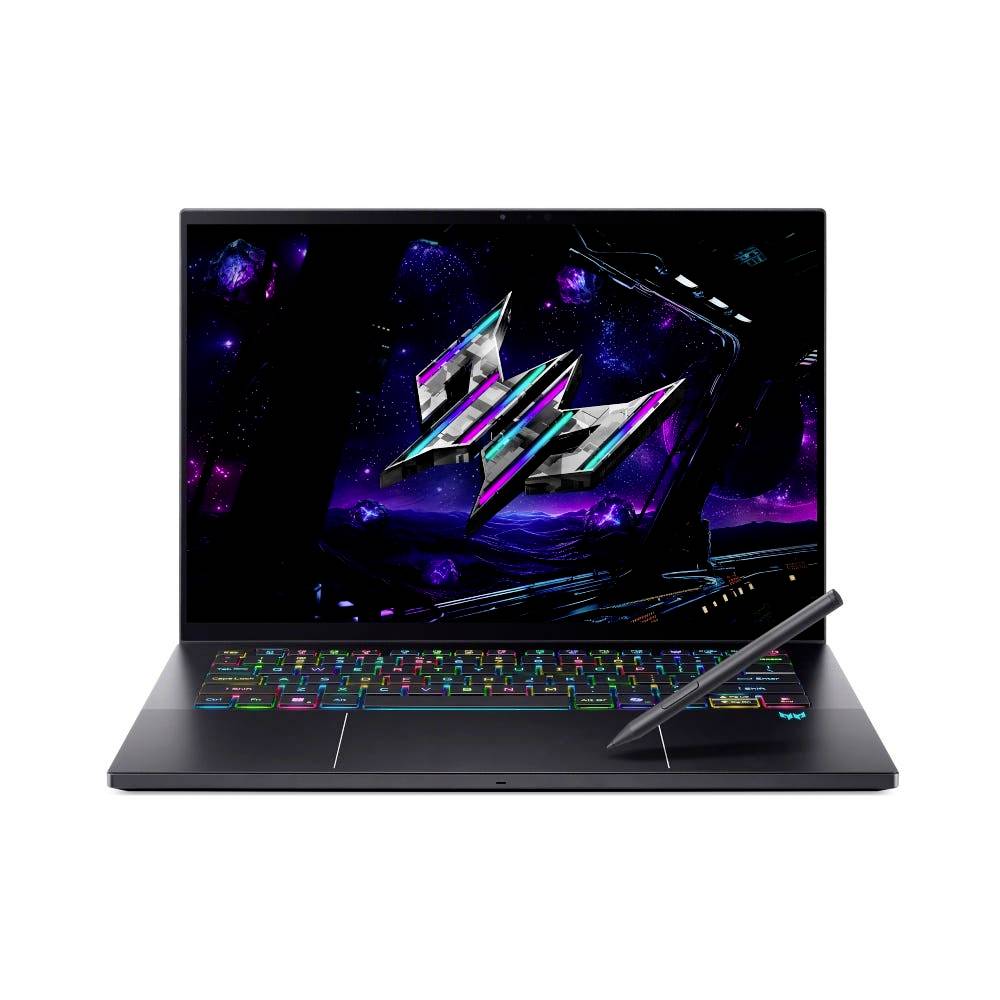 Gaming-Laptop auf weißem Hintergrund mit farbenfroher RGB-Tastatur und einem Stift, der auf der Handauflagefläche ruht.