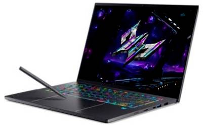 Laptop mit leuchtender RGB-Tastatur und Stift geöffnet, auf dem Bildschirm wird ein neon-abstraktes Gaming-Stil-Logo angezeigt.