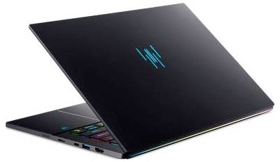 Geschlossener schwarzer Gaming-Laptop, teilweise geöffnet, zeigt eine beleuchtete Tastatur und ein leuchtendes blaues Logo auf dem Deckel.