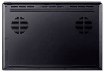 Unteransicht eines Laptops mit Belüftungsschlitzen und zwei runden Lautsprechergittern.