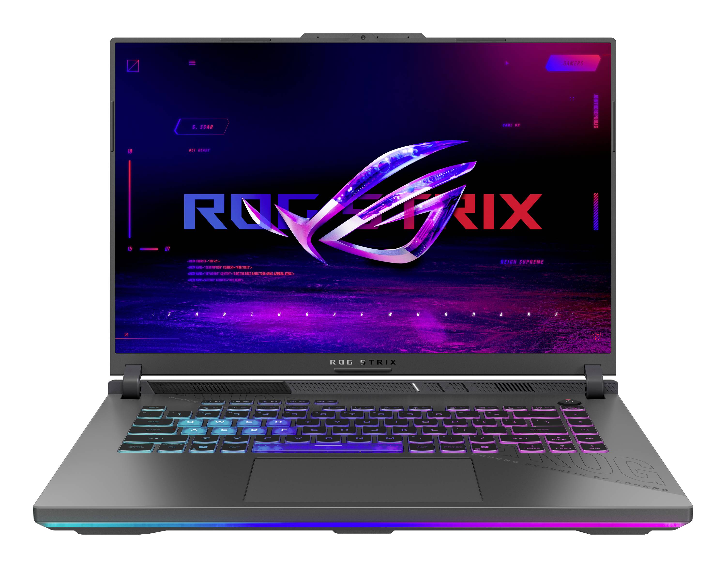 Gaming-Laptop geöffnet mit RGB-Tastatur und Bildschirm mit dem Logo der Republic of Gamers und dem Text 