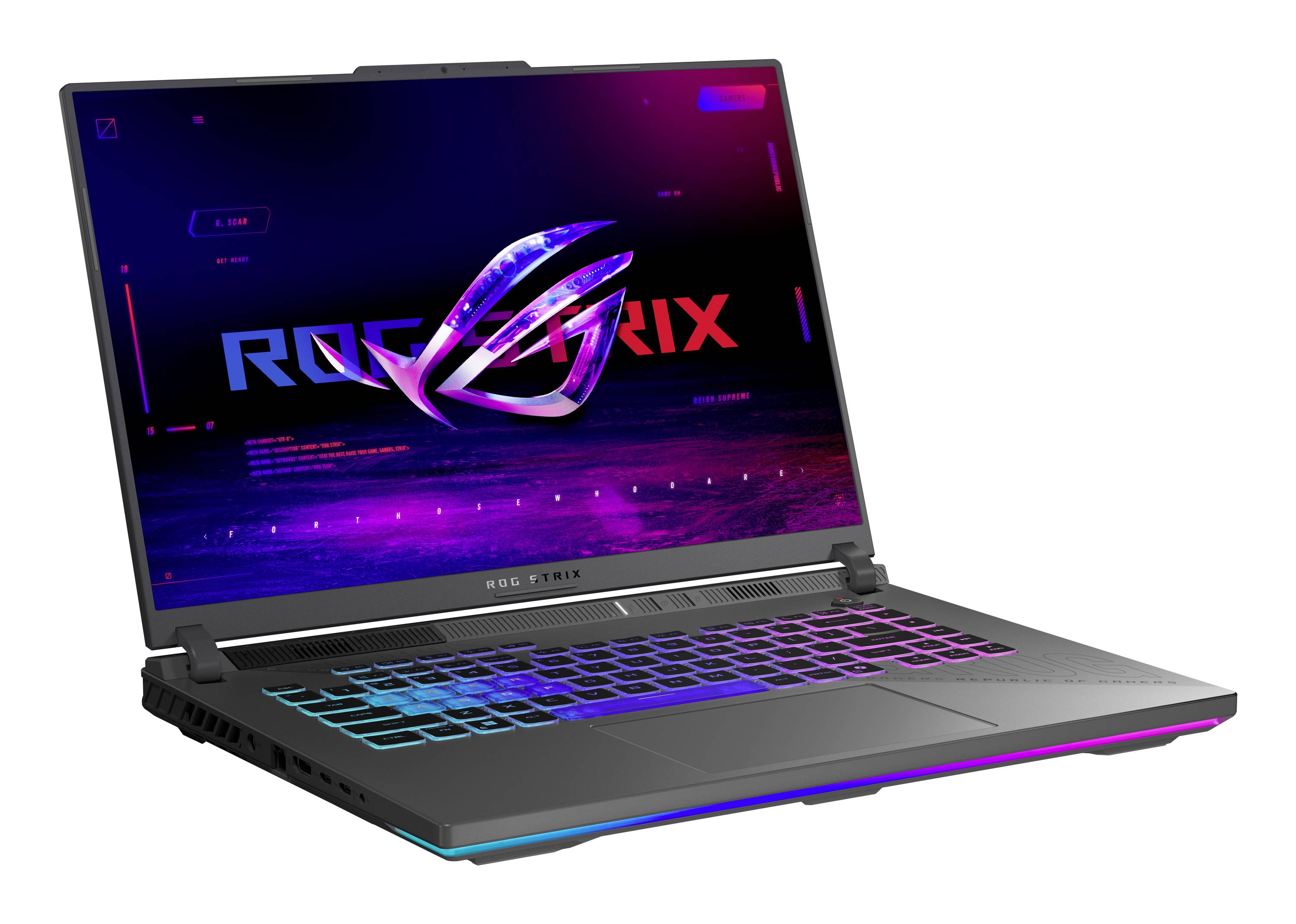Offener Laptop mit ROG-Logo auf neonviolettem Gaming-Bildschirm, RGB-Hintergrundbeleuchtung und grauem Gehäuse.