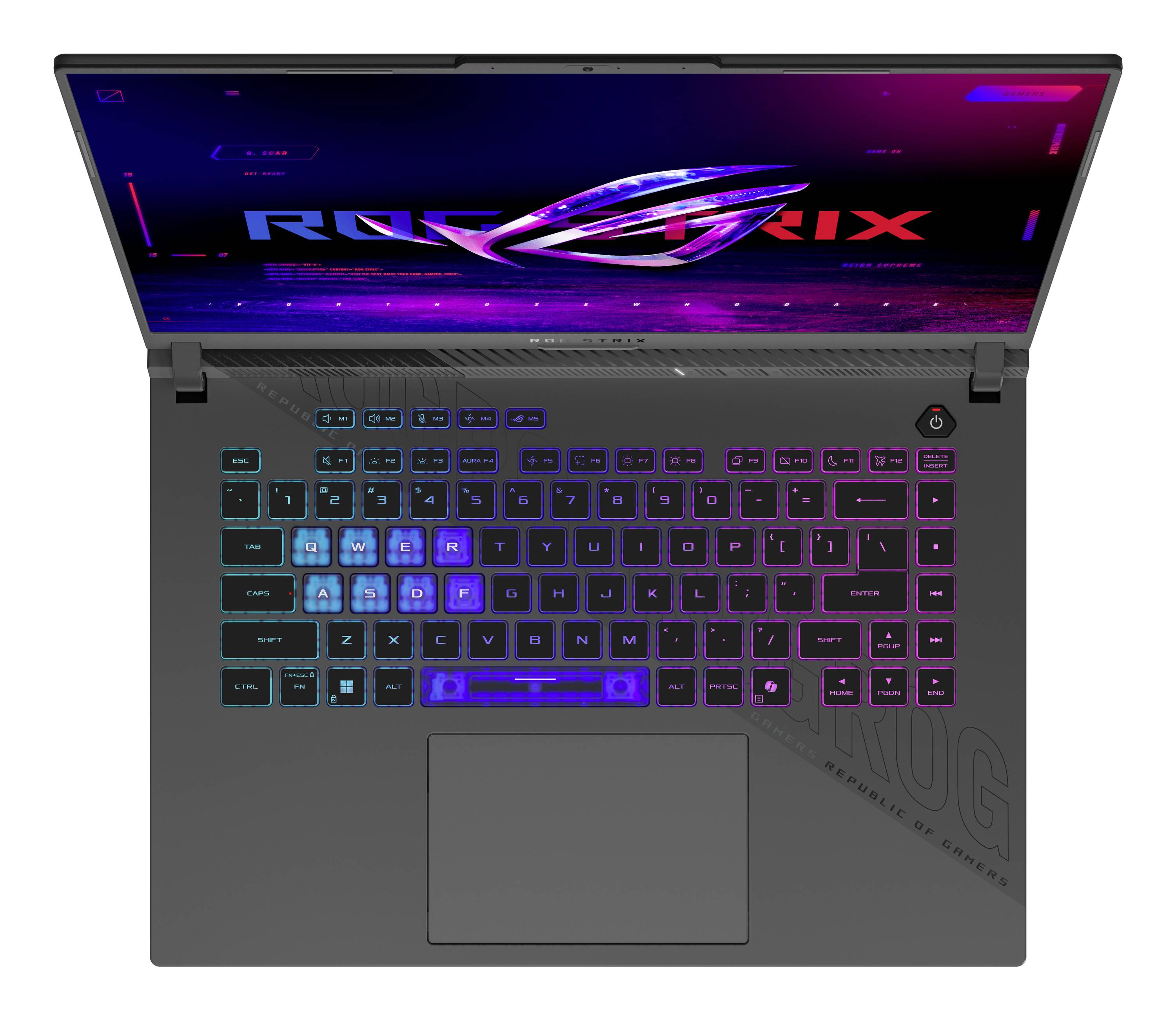 Gaming-Laptop von oben betrachtet, mit RGB-beleuchteter Tastatur, großem Touchpad und Bildschirm mit ROG-Logo auf einem dunkelvioletten Display.