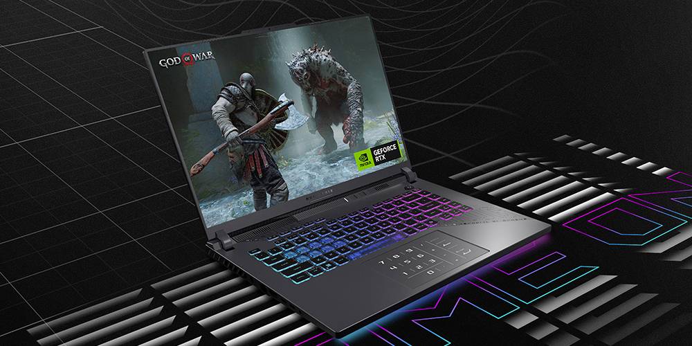Gaming-Laptop zeigt God of War an, mit RGB-beleuchteter Tastatur und NVIDIA GeForce RTX-Branding, in einer dunklen Neon-Tech-Szene.