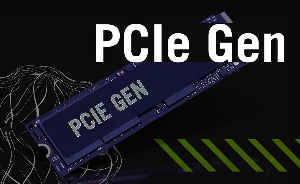 Stilisiertes Bild einer PCIe-Gen-Erweiterungskarte mit großem „PCIe Gen"-Text auf dunklem Hintergrund.