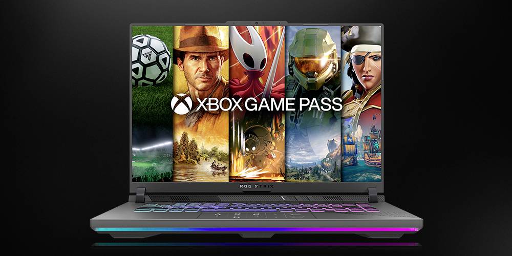 Gaming-Laptop zeigt Xbox Game Pass-Grafiken und das Xbox-Logo auf dem Bildschirm an und bewirbt mehrere Spiele sowie eine Sci-Fi-Design-Spieleraufstellung.