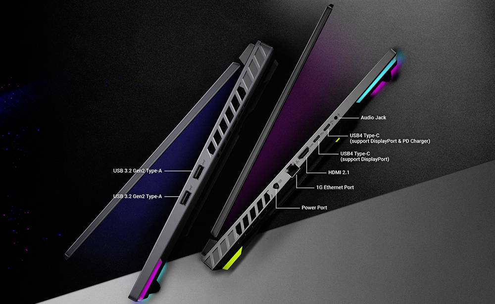 Zwei schlanke Laptop-Seiten zeigen beschriftete Anschlüsse: USB 3.2 Gen2 Type-A, USB4 Type-C, USB Type-C, HDMI 2.1, 16-Gigabit-Ethernet-Anschluss, Stromversorgungsanschluss und Audiobuchse.