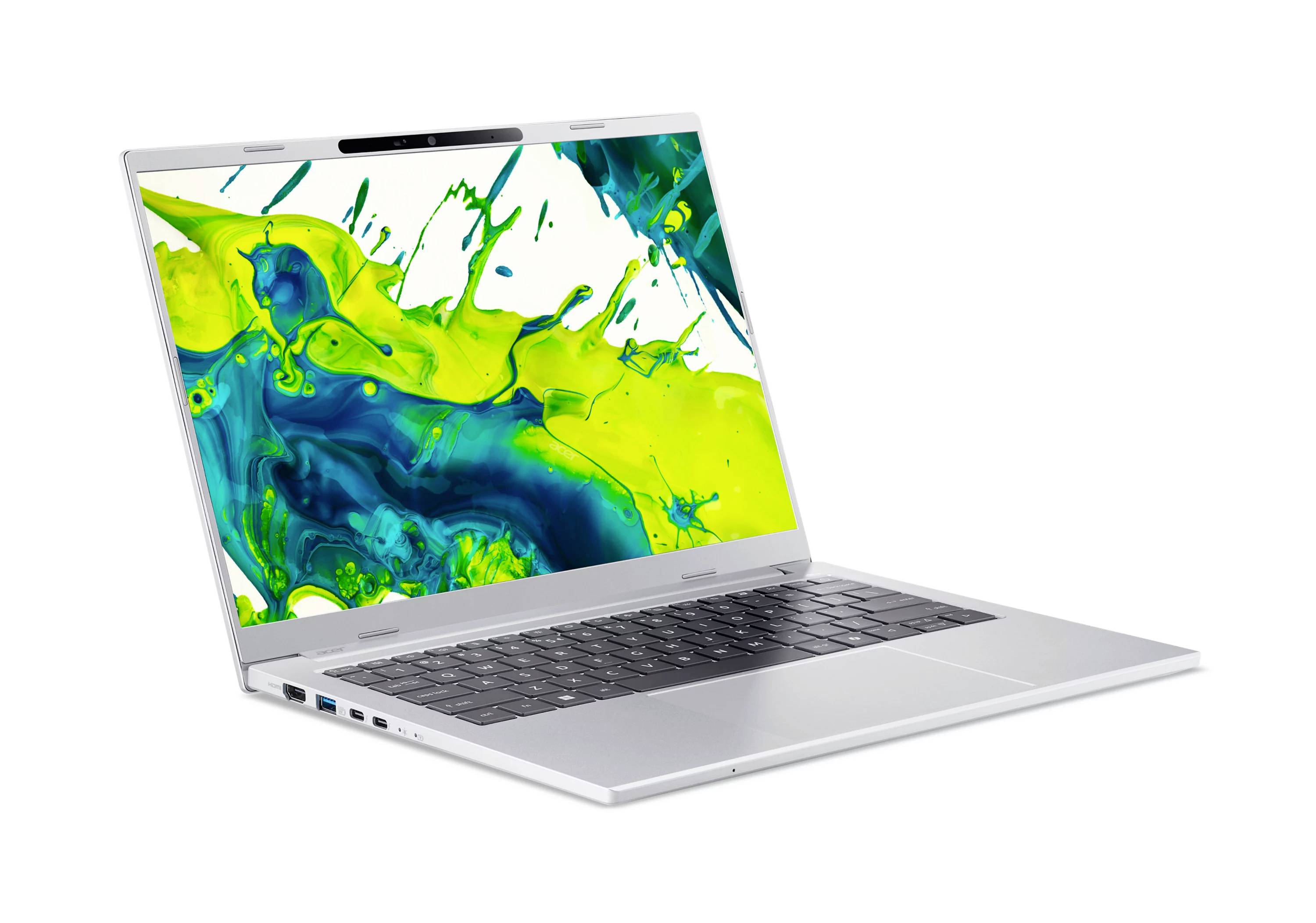 Silberner Laptop mit Bildschirm, auf dem abstrakte grüne und blaue, farbverlaufartig wirbelende Formen auf weißem Hintergrund angezeigt werden.