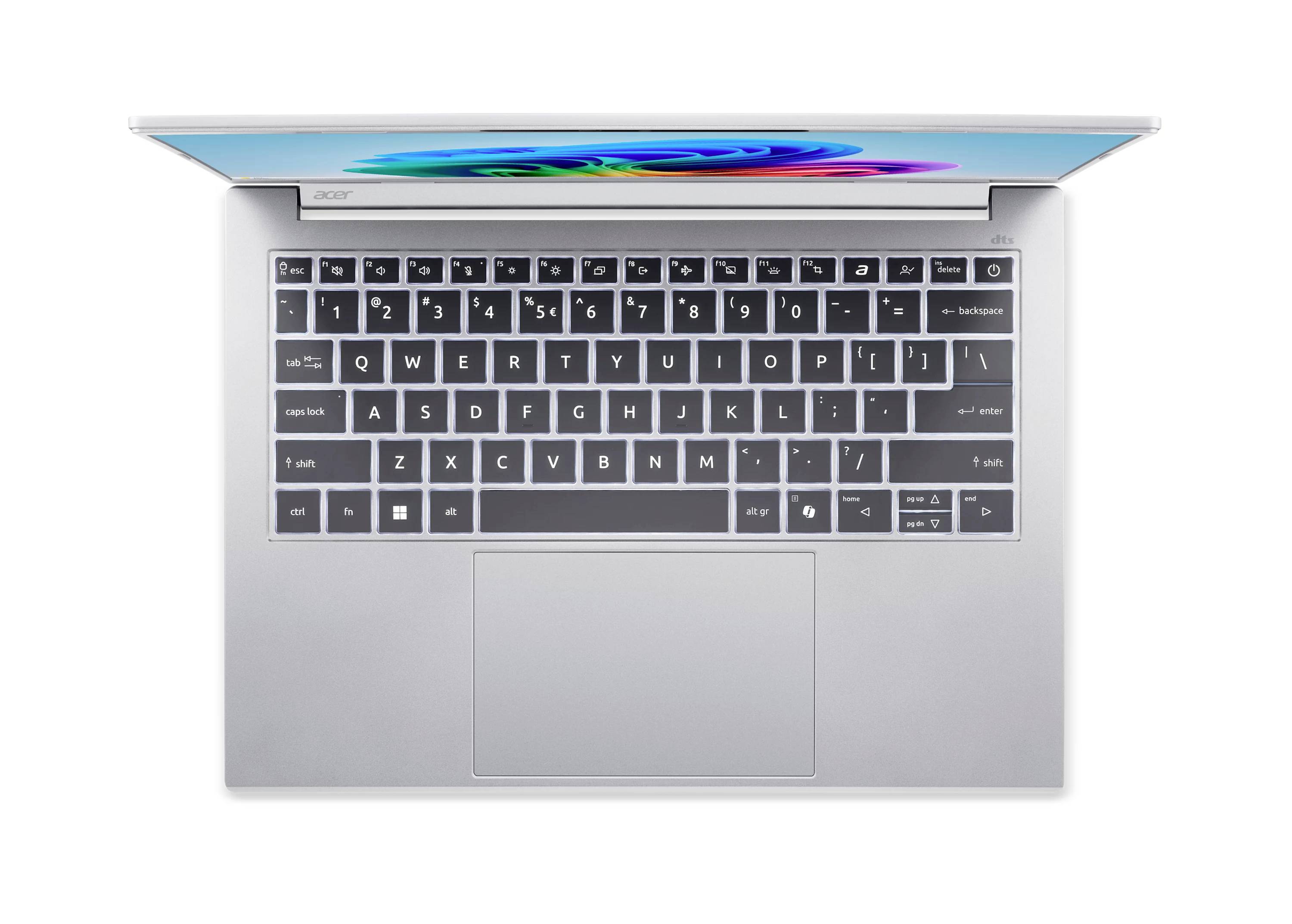 Draufsicht auf einen aufgeklappten silbernen Acer-Laptop, auf dem die Tastatur, das große Trackpad und der teilweise sichtbare Bildschirm zu sehen sind.