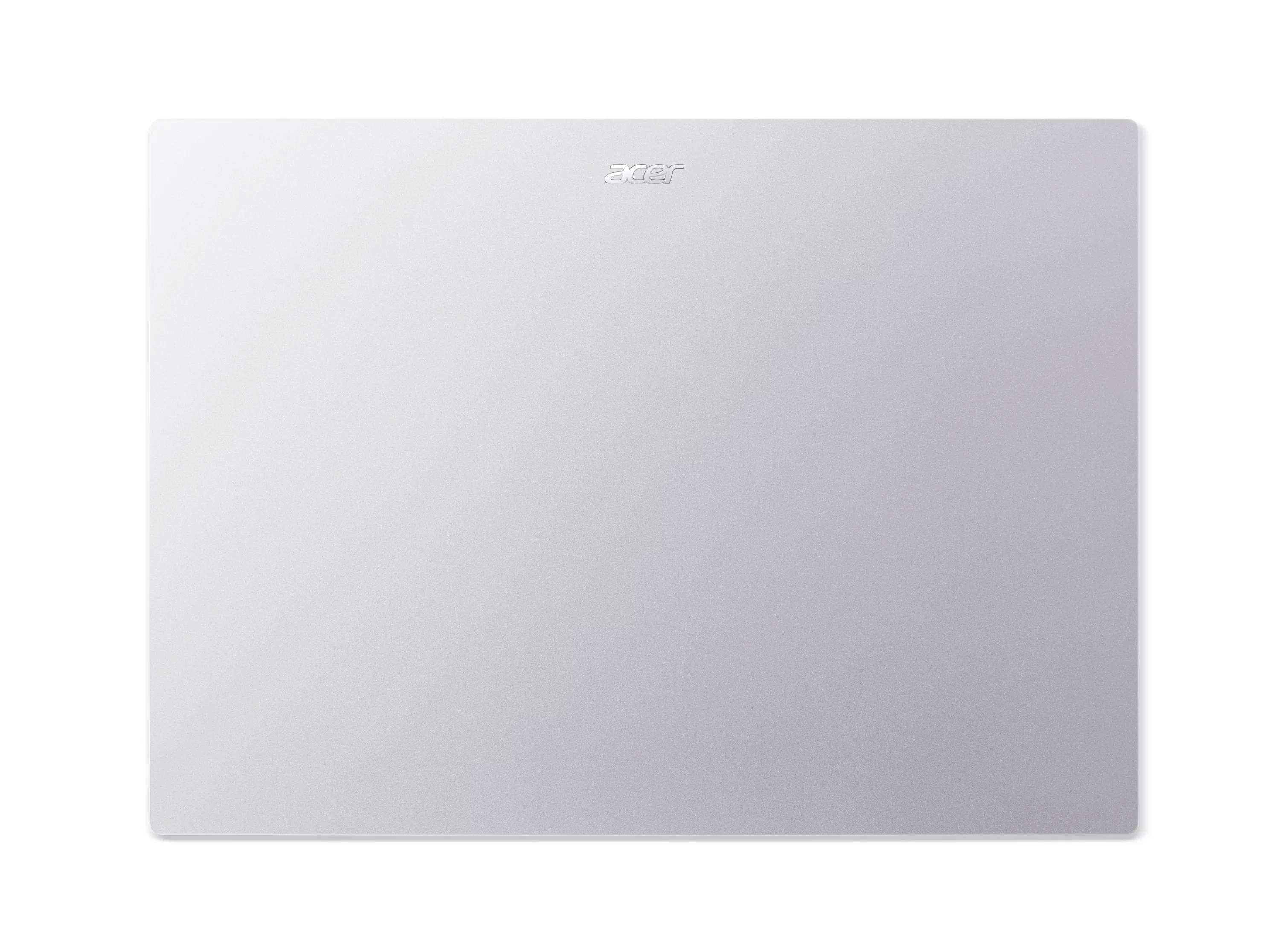 Geschlossener silberner Acer Laptop mit Deckel von oben auf weißem Hintergrund gezeigt.