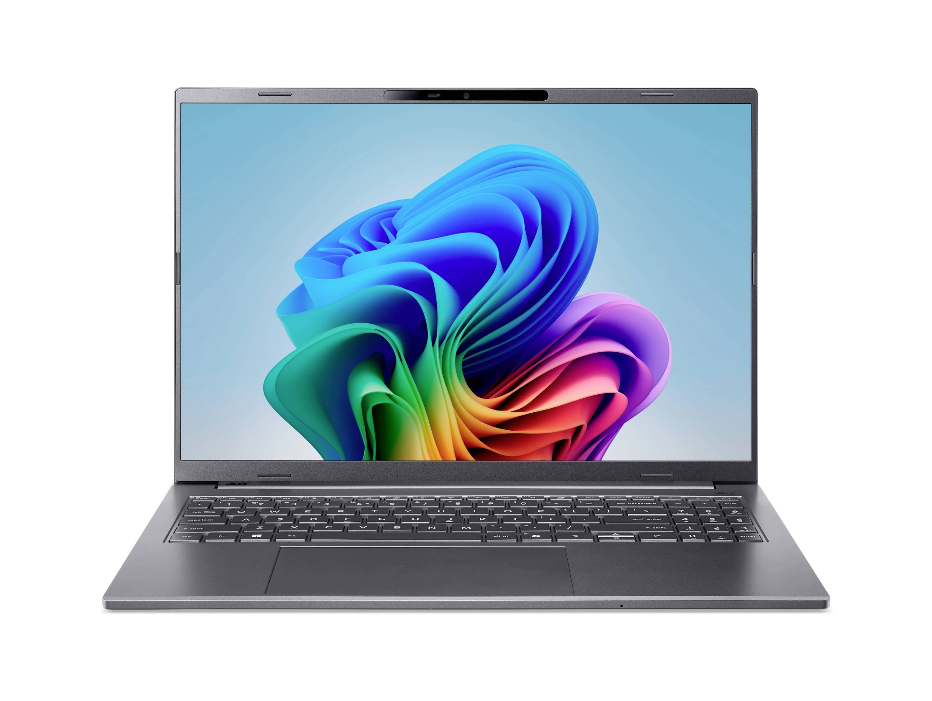 Vorderansicht eines grauen Laptops, der auf weißem Hintergrund geöffnet ist und ein buntes abstraktes Wirbel-Hintergrundbild auf dem Bildschirm zeigt.