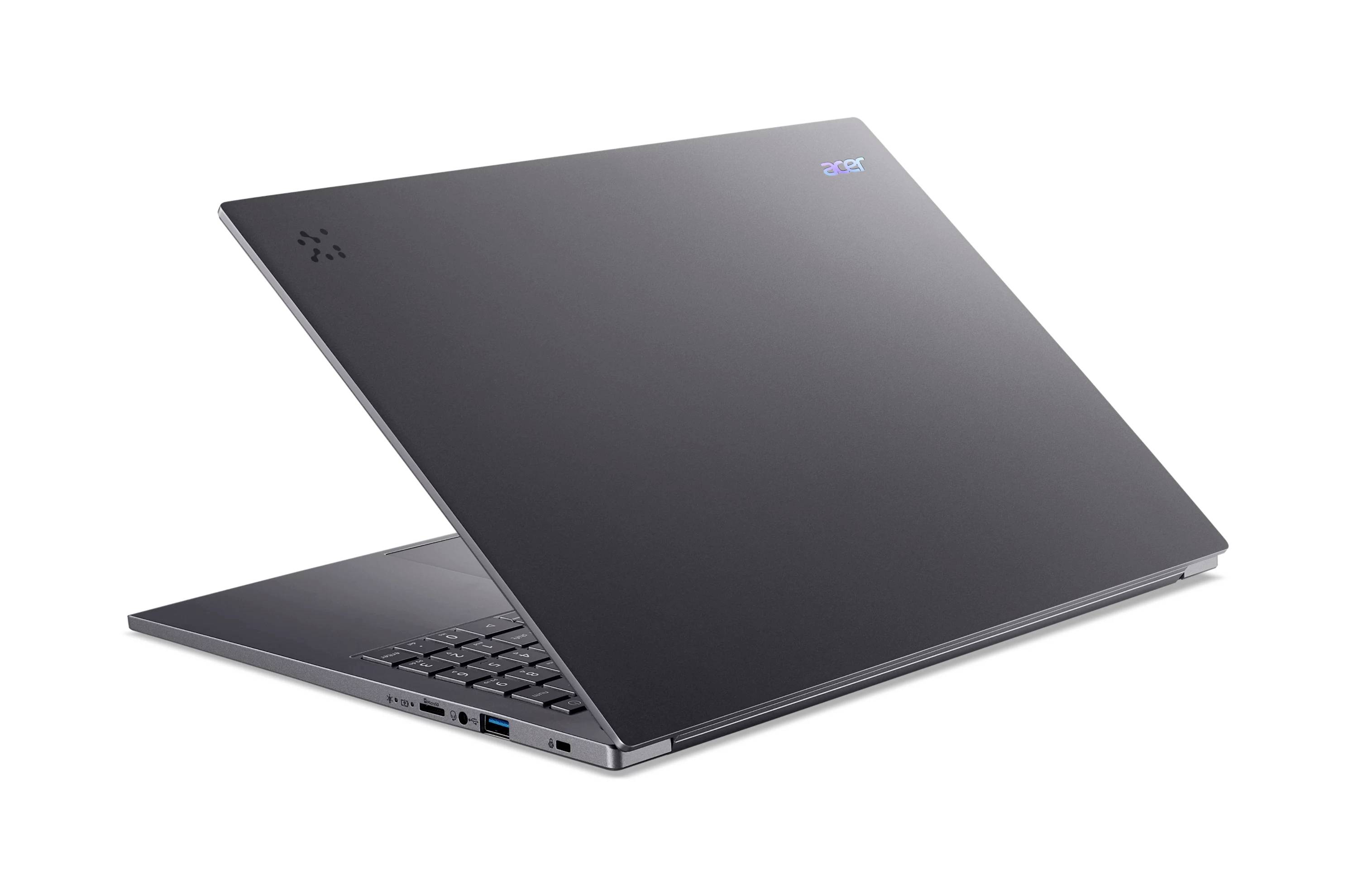 Offener Laptop, teilweise geschlossen, in dunklem Grau/Schwarz auf weißem Hintergrund angezeigt.