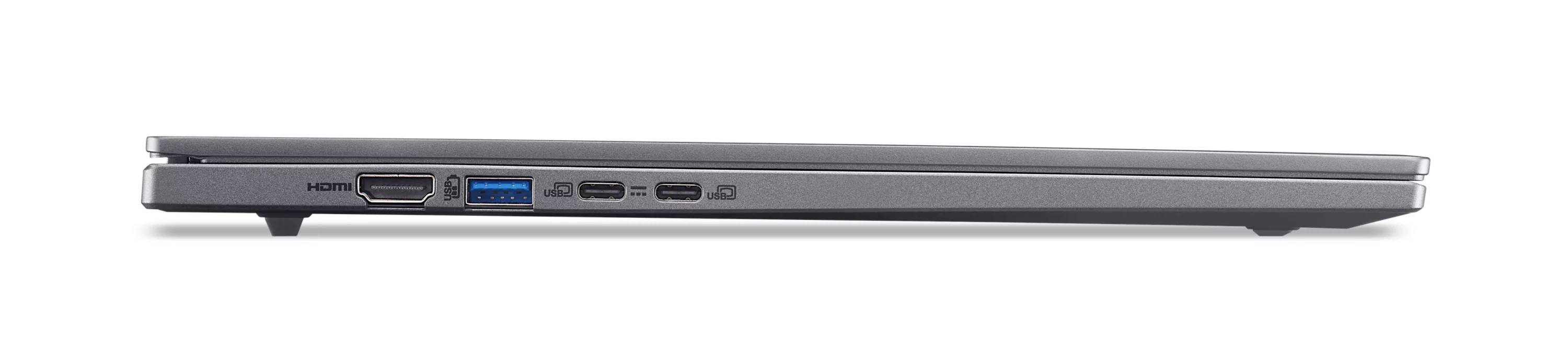Seitenansicht eines geschlossenen silbernen Laptops, der sein dünnes Profil und die Anschlüsse an der linken Kante, einschließlich USB und HDMI, zeigt.