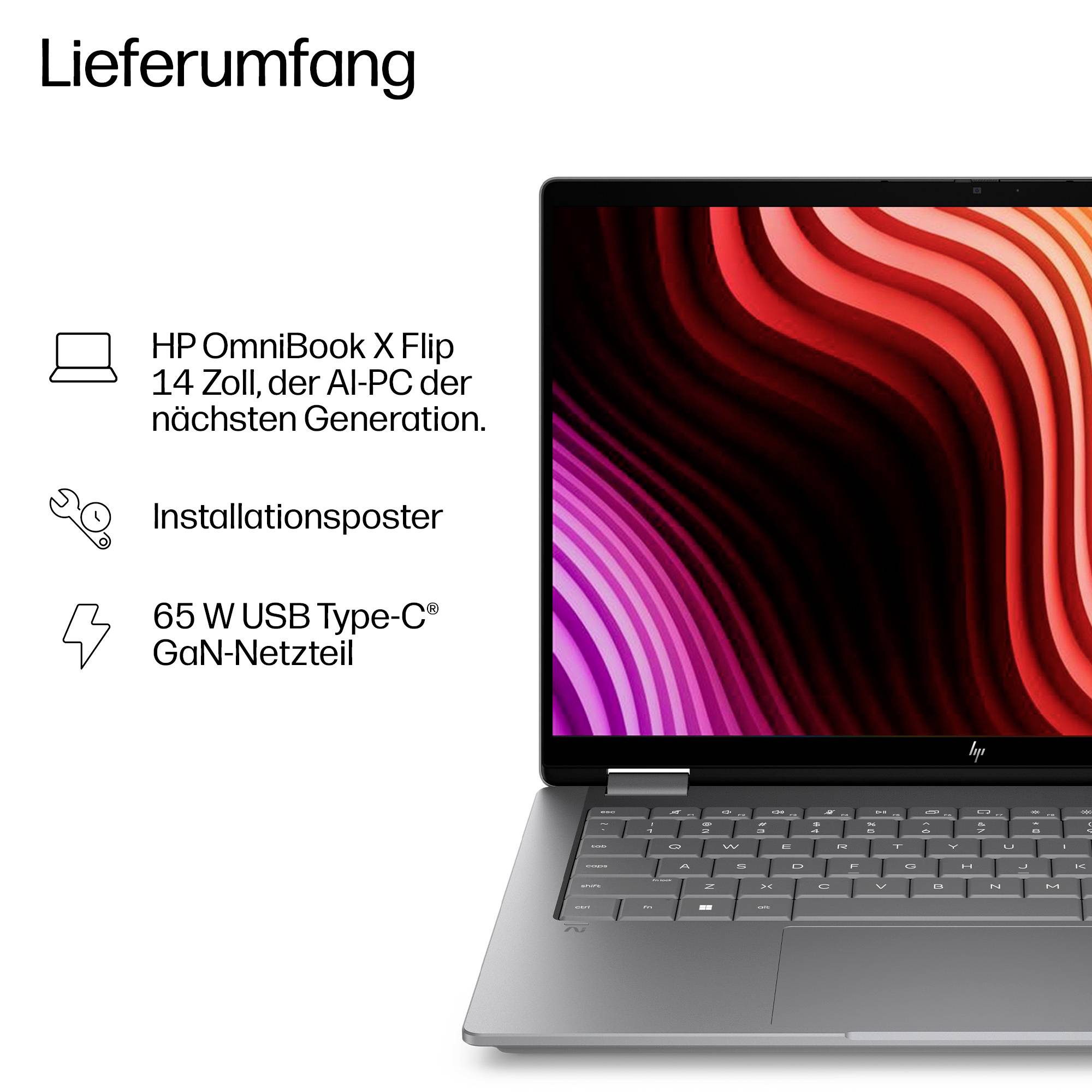 Lieferumfang für einen HP OmniBook X Flip 14-Zoll-AI-PC: Laptop, Aufstellungsposter und 65-W-USB-Type-C-GaN-Netzteil.