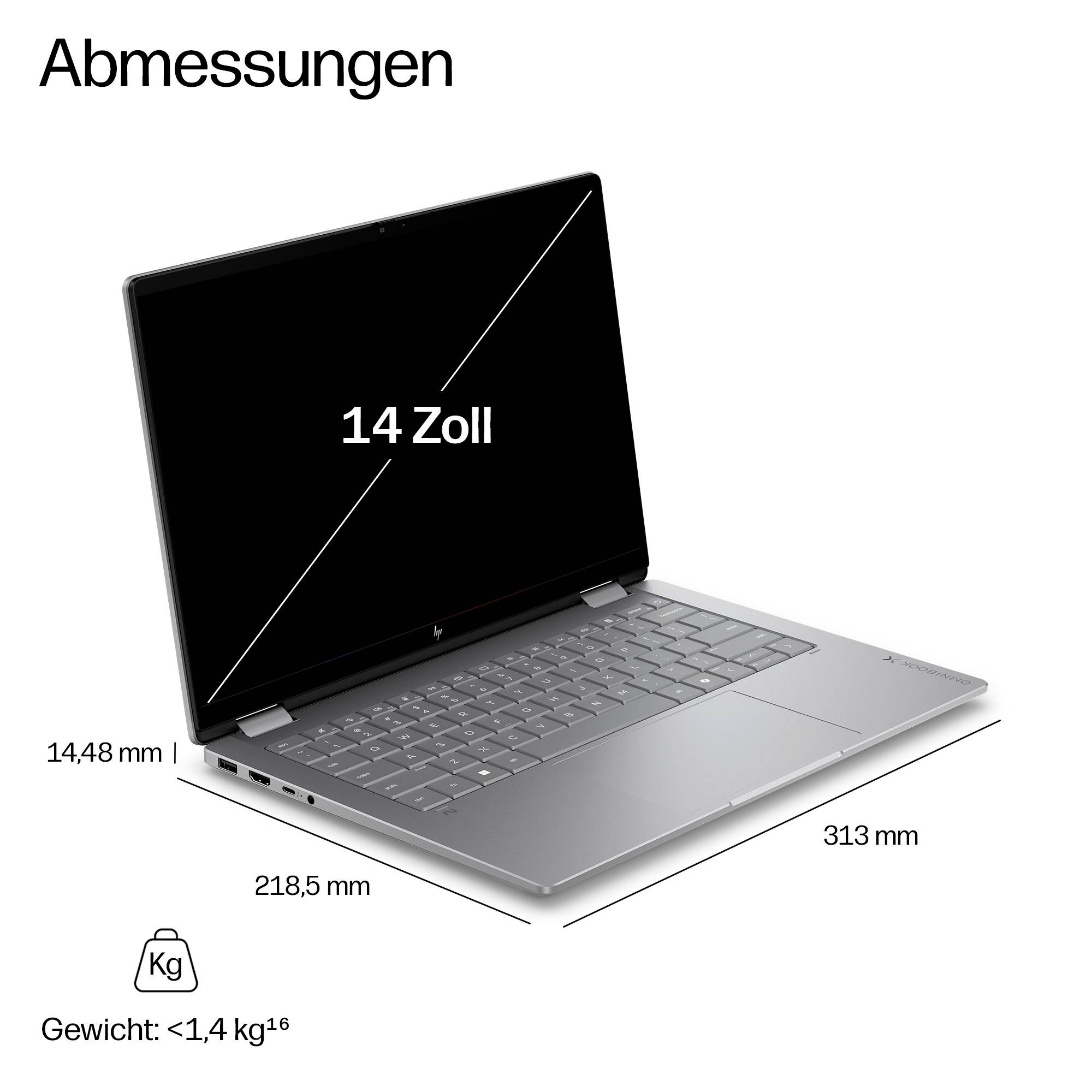 Laptop-Dimensionen-Bild mit einem 14-Zoll-Modell: 313 mm breit, 218,5 mm tief, 14,48 mm dünn, Gewicht unter 1,4 kg.