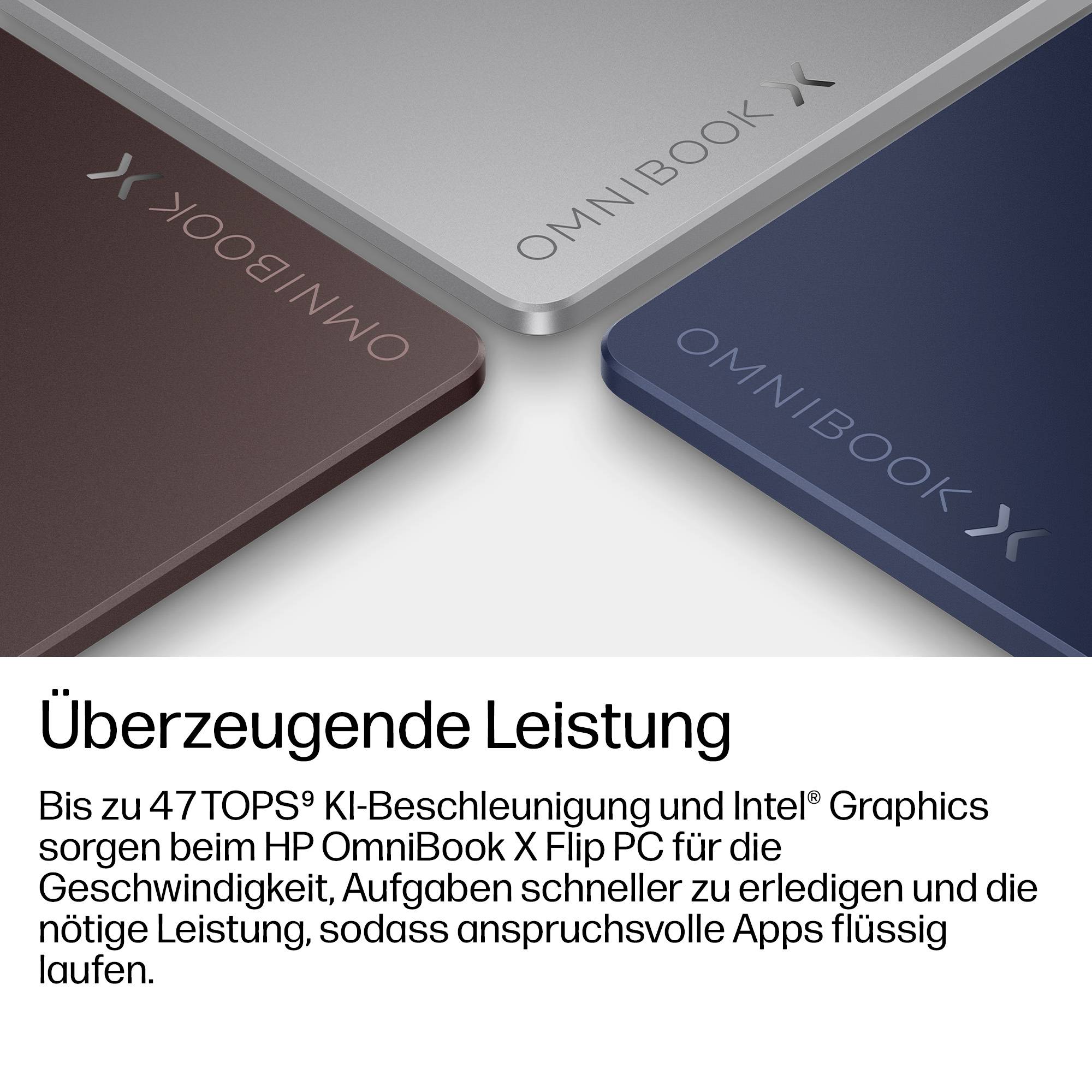 Promotionsbild von drei HP OmniBook X Laptops in verschiedenen Farben über deutschem Text, der überzeugende Leistung, bis zu 47 TOPS KI-Beschleunigung und Intel-Grafik bewirbt.