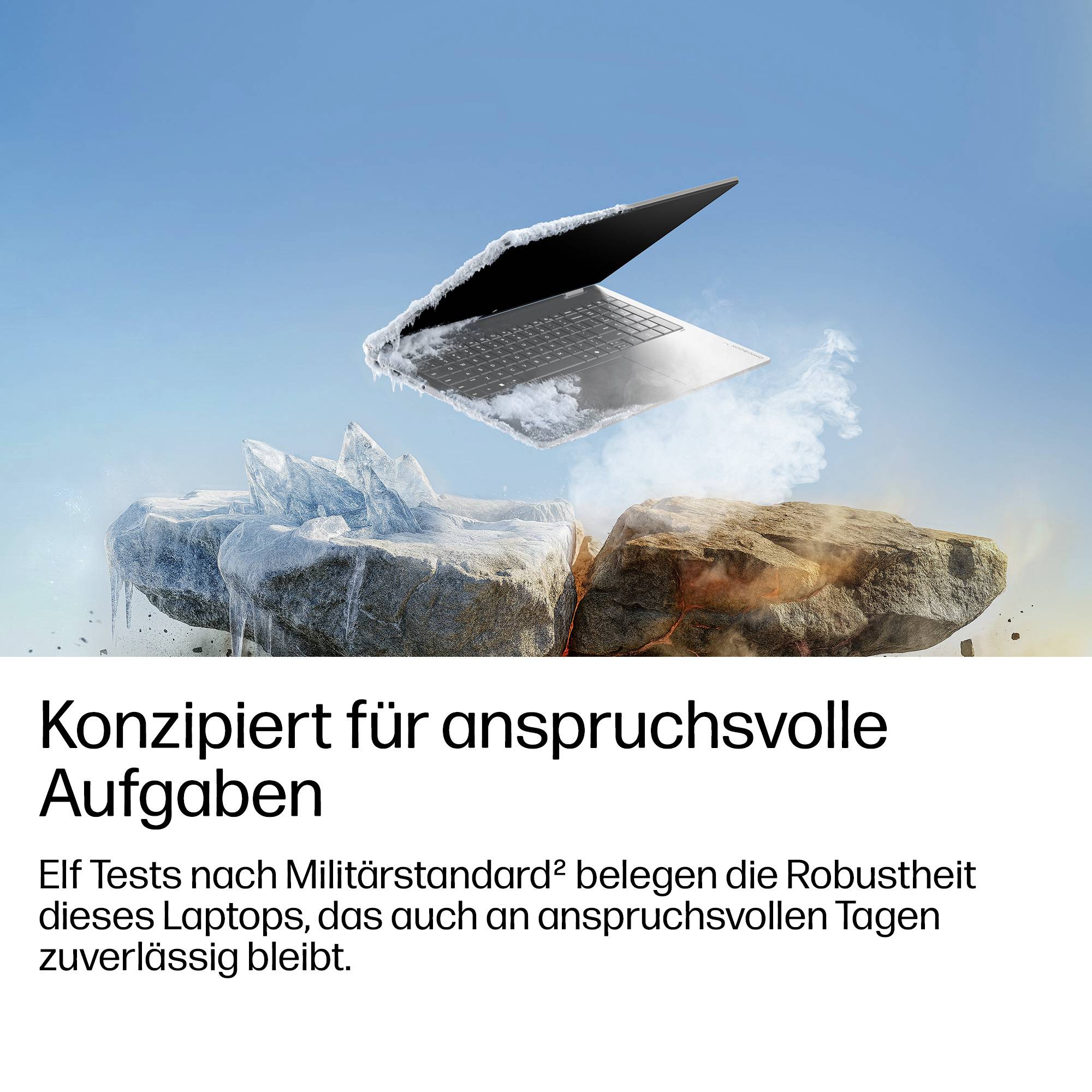Ein Laptop schwebt zwischen Eis und Feuer über rissigen Steinen und veranschaulicht Haltbarkeit für anspruchsvolle Aufgaben; deutscher Text besagt „Konzipiert für anspruchsvolle Aufgaben" und erwähnt 11 Militärnormtests.