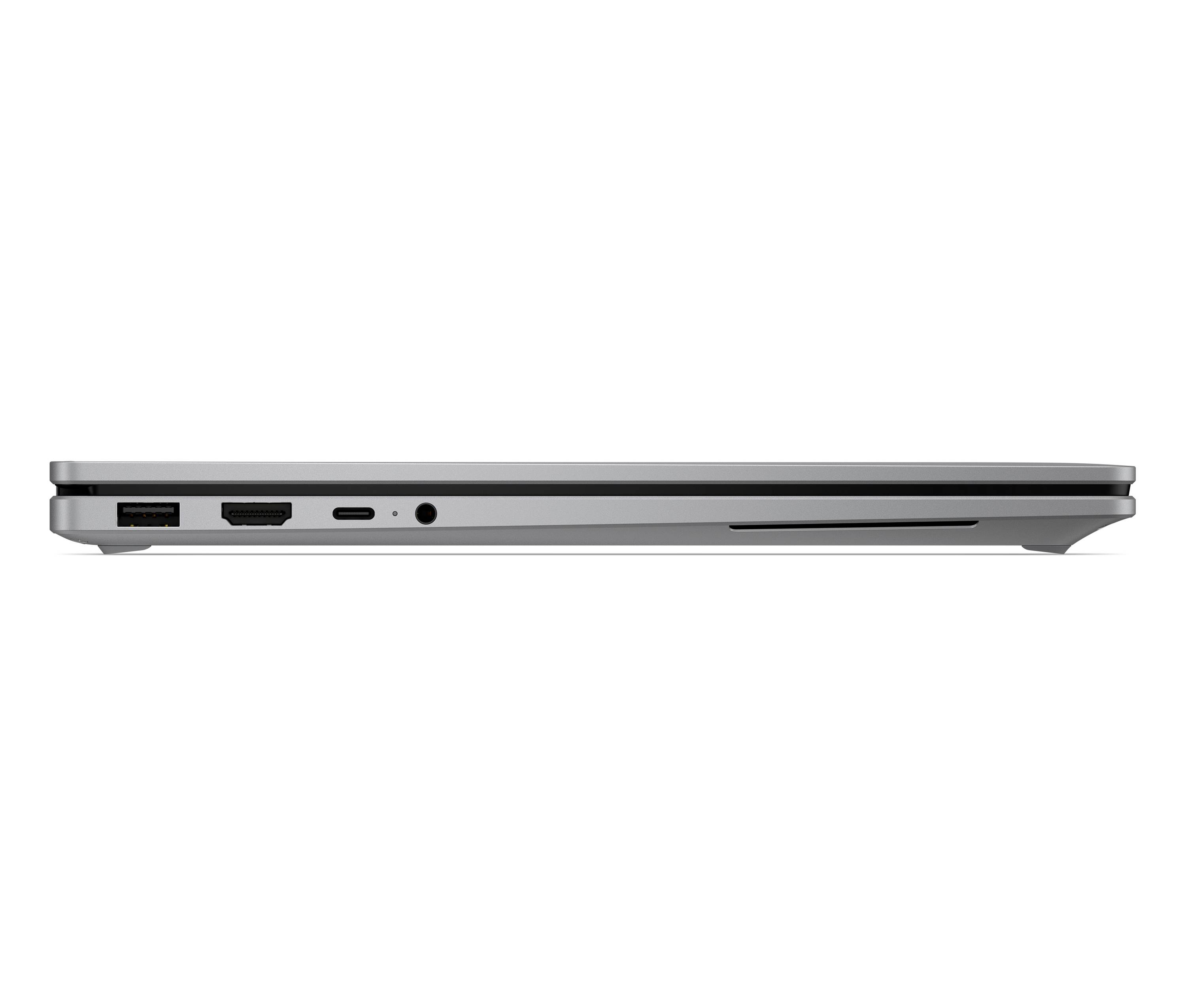 Seitenansicht eines geschlossenen silbernen Laptops mit Anschlüssen an der linken Kante und einem dünnen Profil.