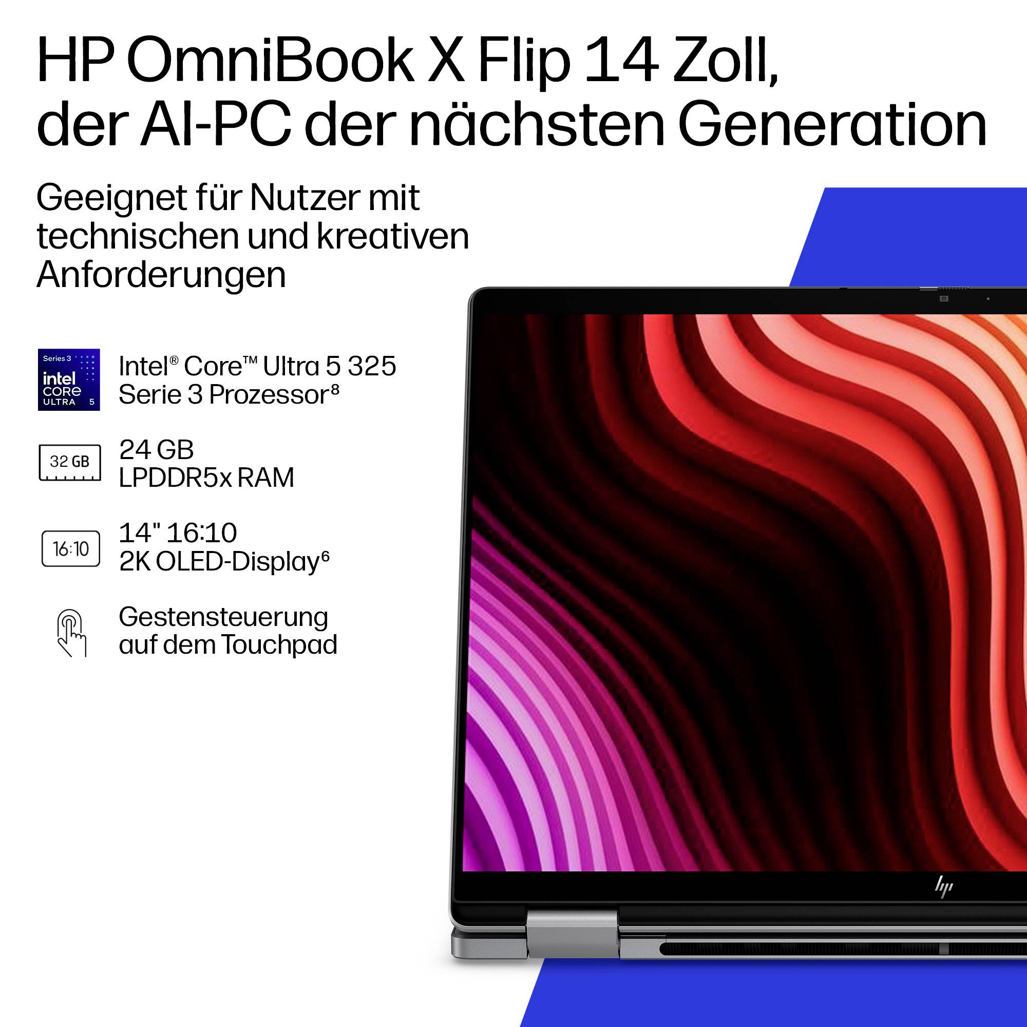 Werbebild des HP OmniBook X Flip 14 Laptops, gekennzeichnet als AI PC, mit Intel Core Ultra 5 325, 24GB RAM, 14-Zoll 2K OLED-Display und Touchpad-Gestenerkennung.