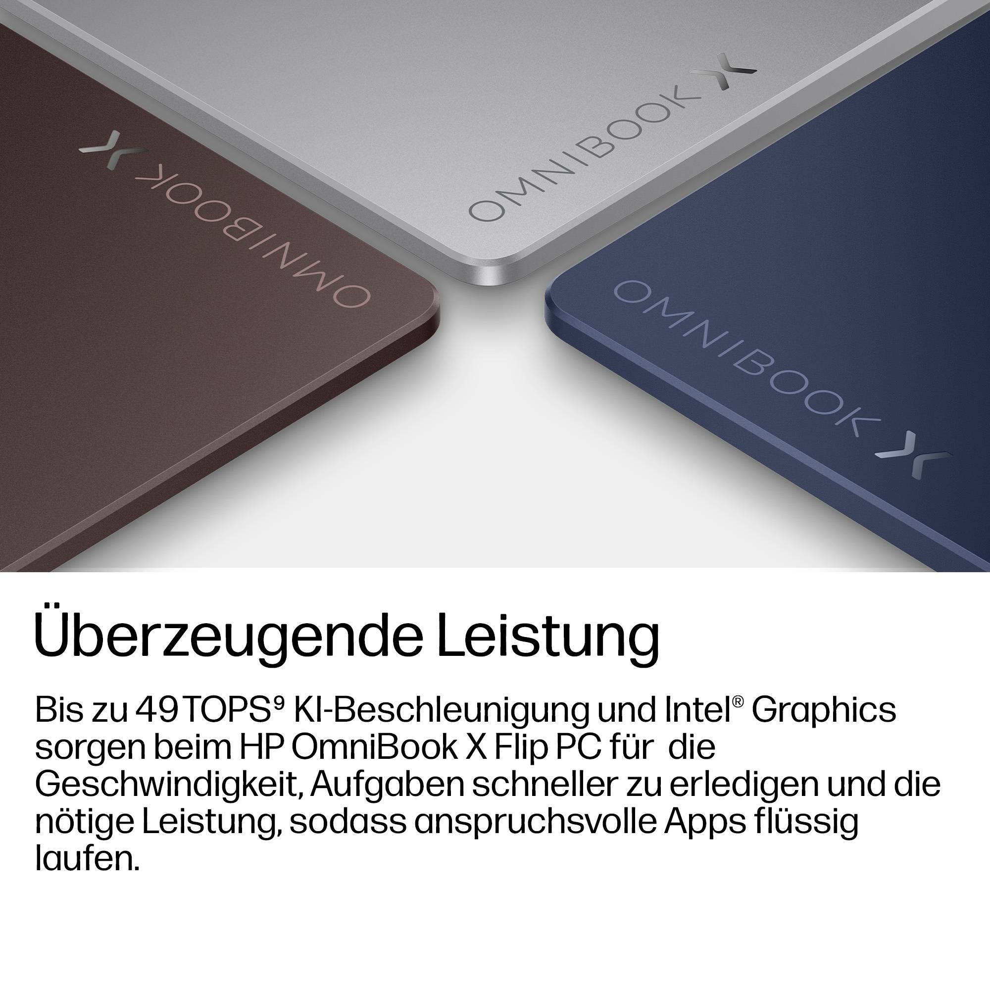 HP OmniBook X Laptops in Silber, Marineblau und Braun über deutschem Text über überzeugende Leistung und bis zu 49 TOPS KI-Beschleunigung mit Intel Graphics.