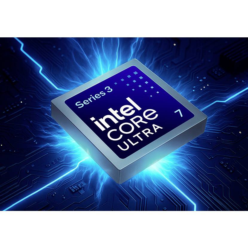 Illustration eines Intel Core Ultra 7 Serie 3-Prozessor-Chips, der auf einem Schaltplattenhintergrund blau leuchtet.