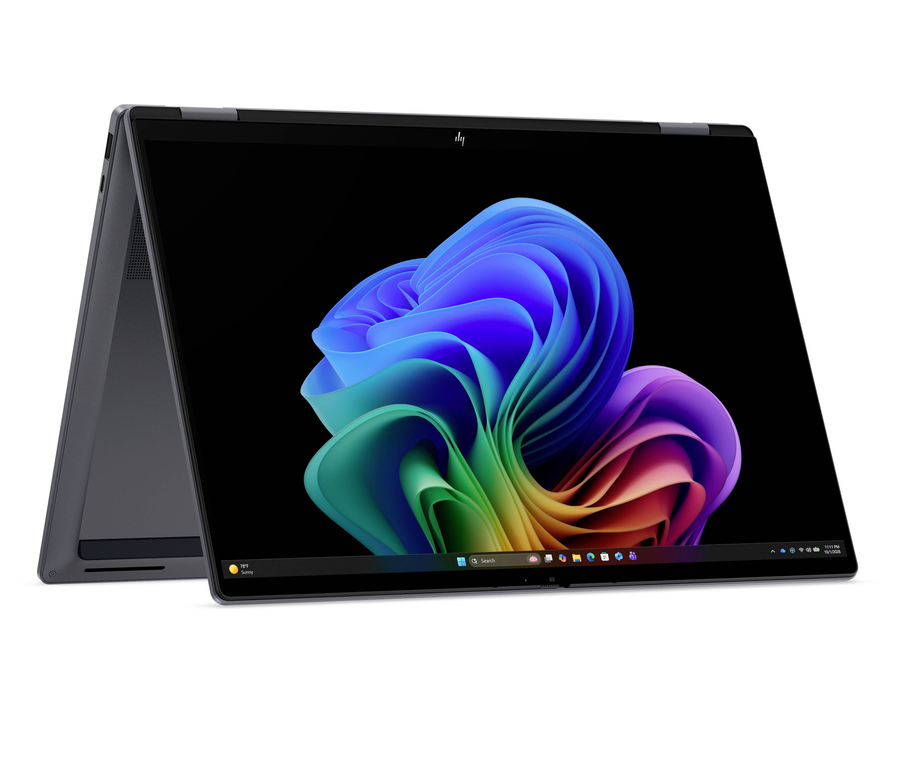 Zwei-in-Eins-Laptop im Zeltmodus, der den Windows-11-Desktop mit einer farbenfrohen abstrakten Blumentapete auf einem schwarzen Bildschirm anzeigt.