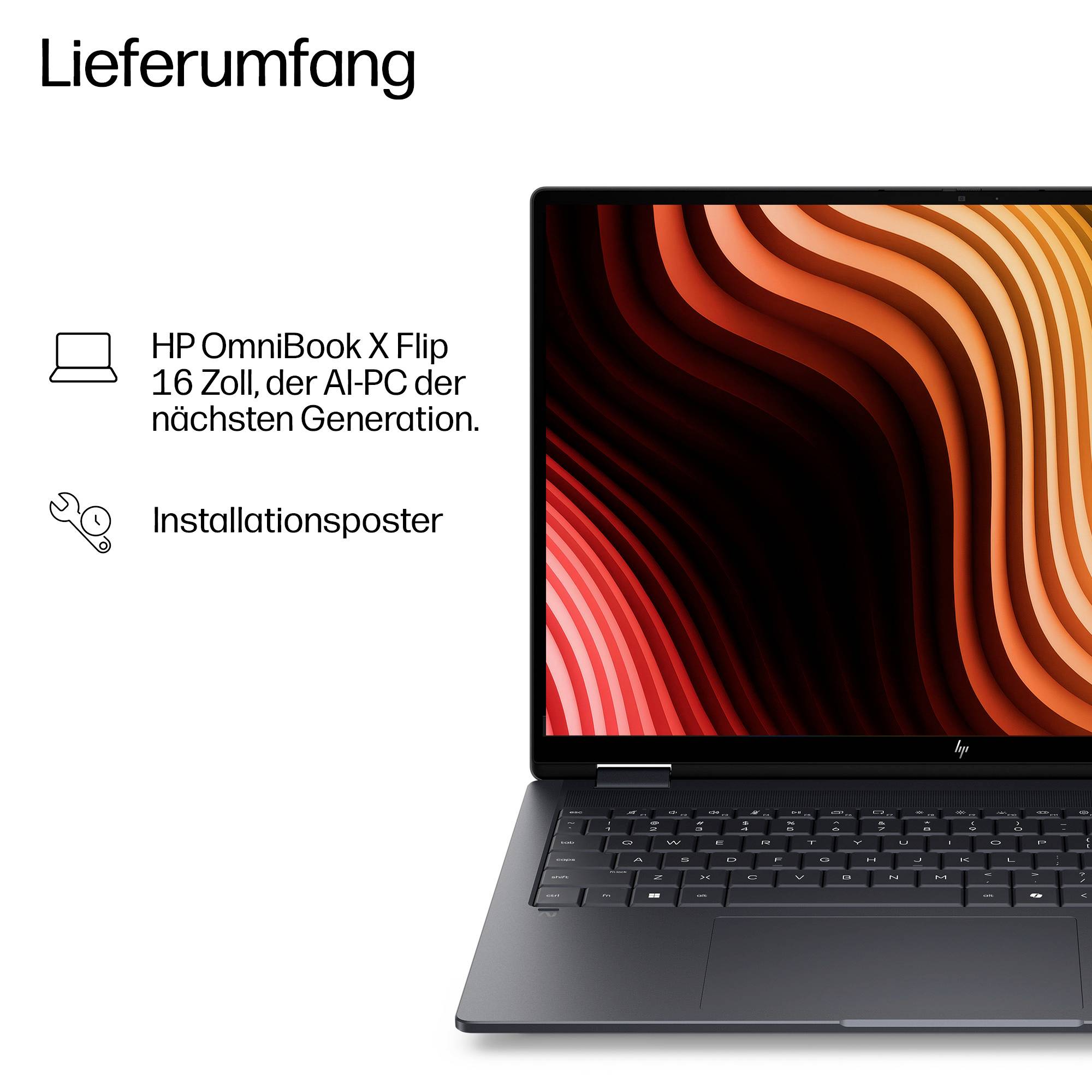 Lieferumfang mit HP OmniBook X Flip 16 Laptop und einem „Installationsposter"
