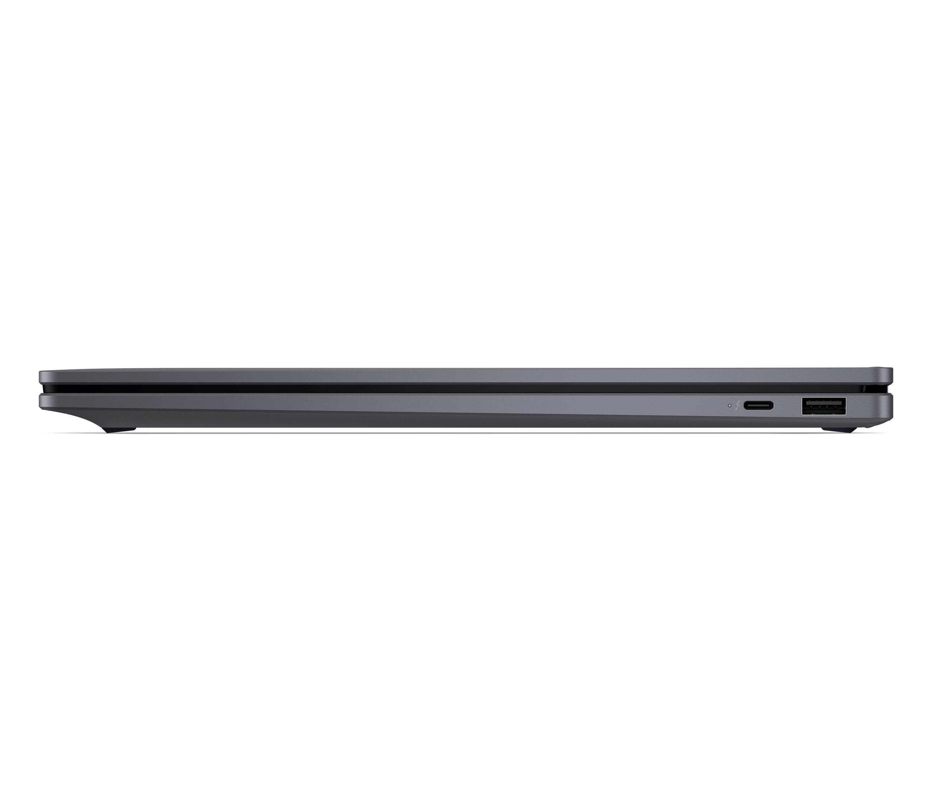 Seitenansicht eines schlanken geschlossenen grauen Laptops mit zwei USB-Anschlüssen an der rechten Kante.