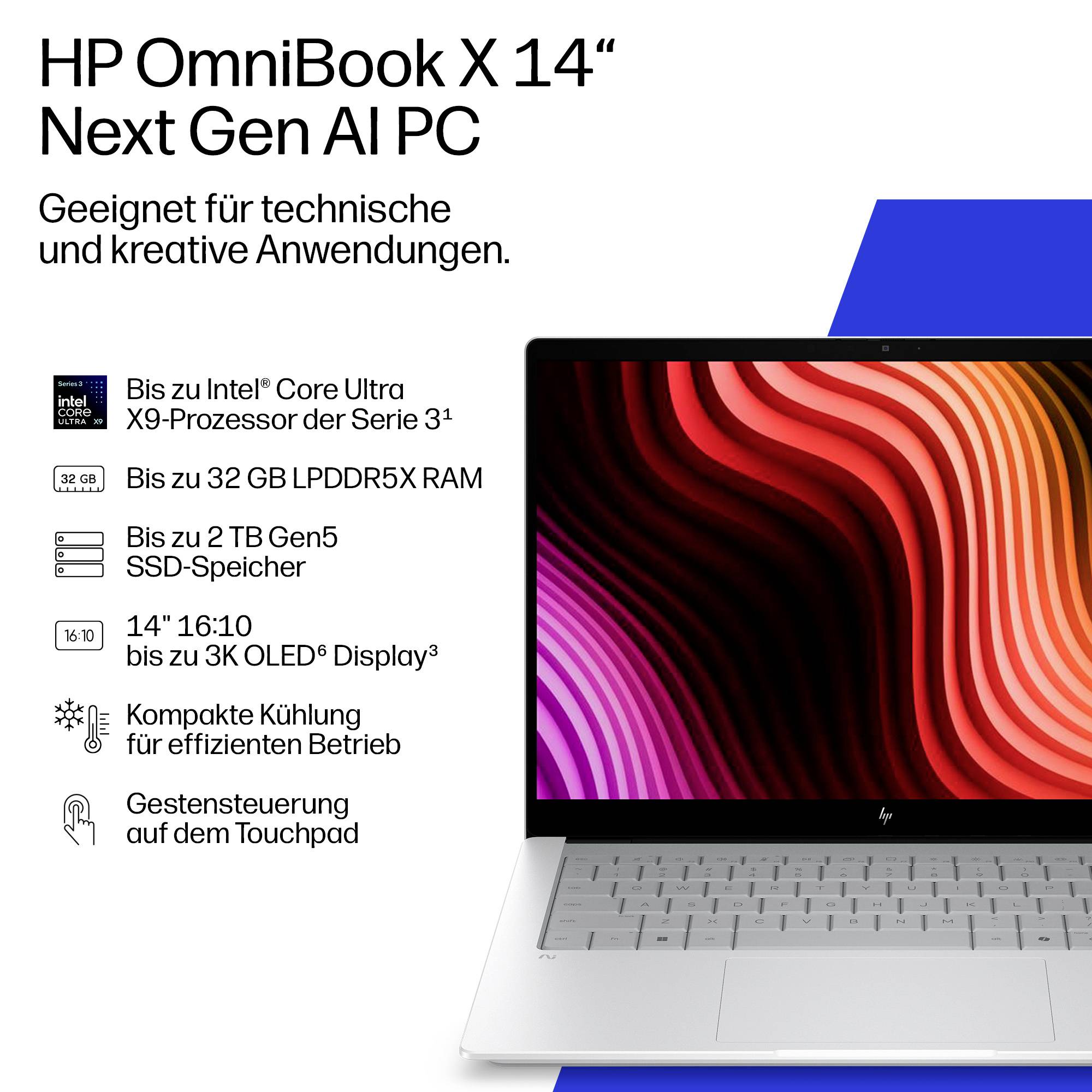 HP OmniBook X 14 Next Gen AI PC Laptop-Anzeige mit deutschen Textspezifikationen: Intel Core Ultra 9, bis zu 32 GB RAM, 2 TB SSD, 14-Zoll-3K-OLED-Display, Touchpad-Gesten.