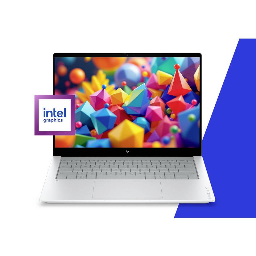 Silberner Laptop mit farbenfrohen abstrakten Formen auf dem Bildschirm, gezeigt mit einem Intel Graphics Logo-Abzeichen daneben.