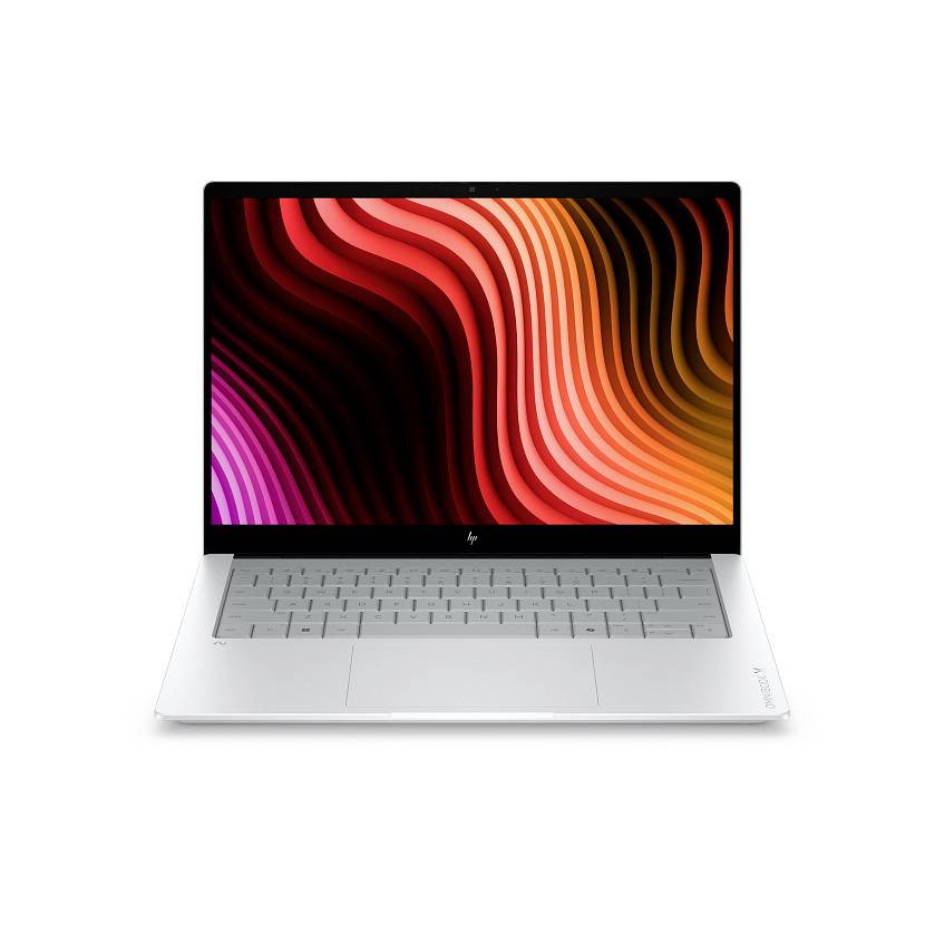 Silberner HP-Laptop auf weißem Hintergrund, zeigt ein farbenfrohes abstraktes welliges Display und eine vollständige Tastatur mit Trackpad.