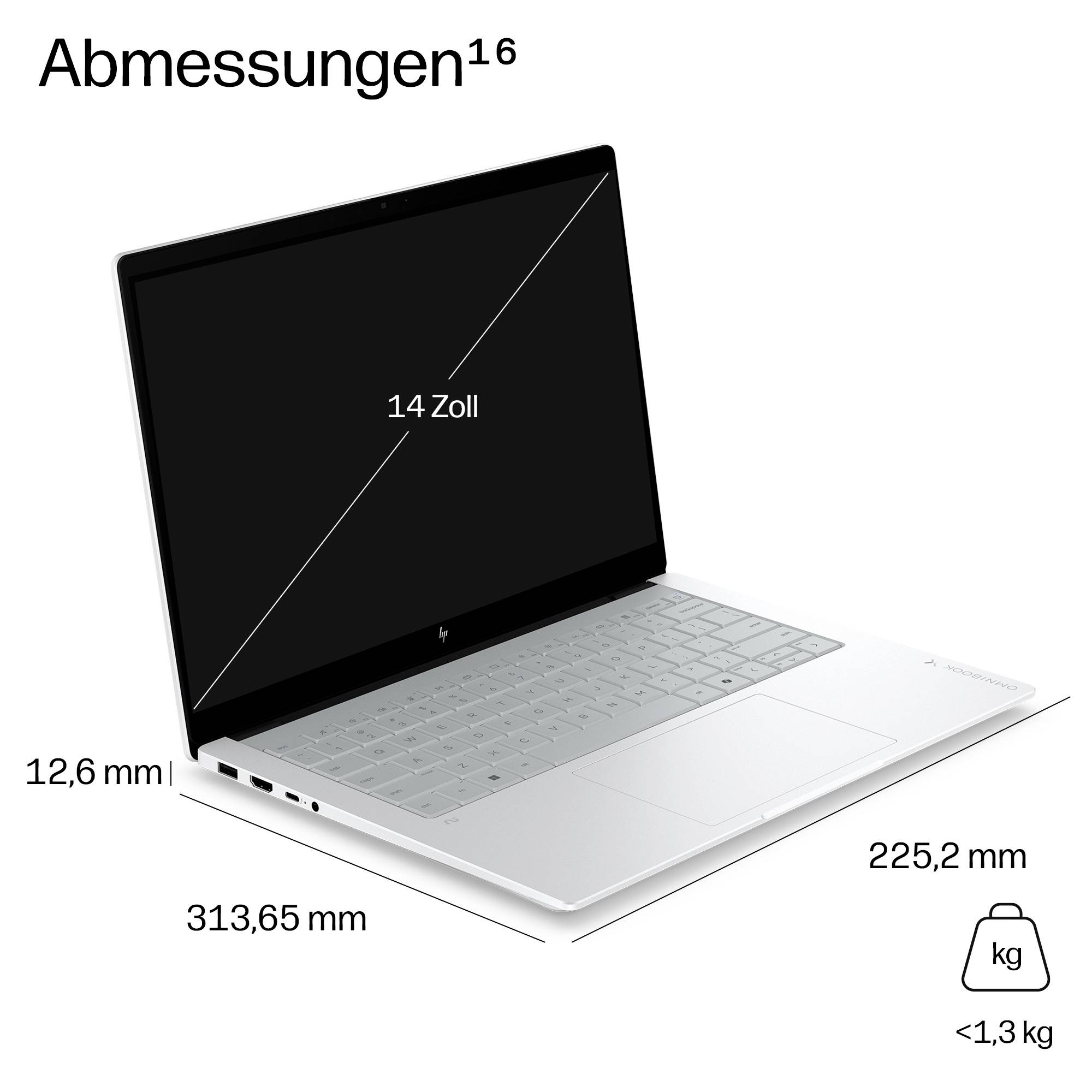 Laptop-Abmessungsdiagramm mit einem 14-Zoll-Bildschirm, 313,65 mm Breite, 225,2 mm Tiefe, 12,6 mm Dicke und einem Gewicht unter 1,3 kg.