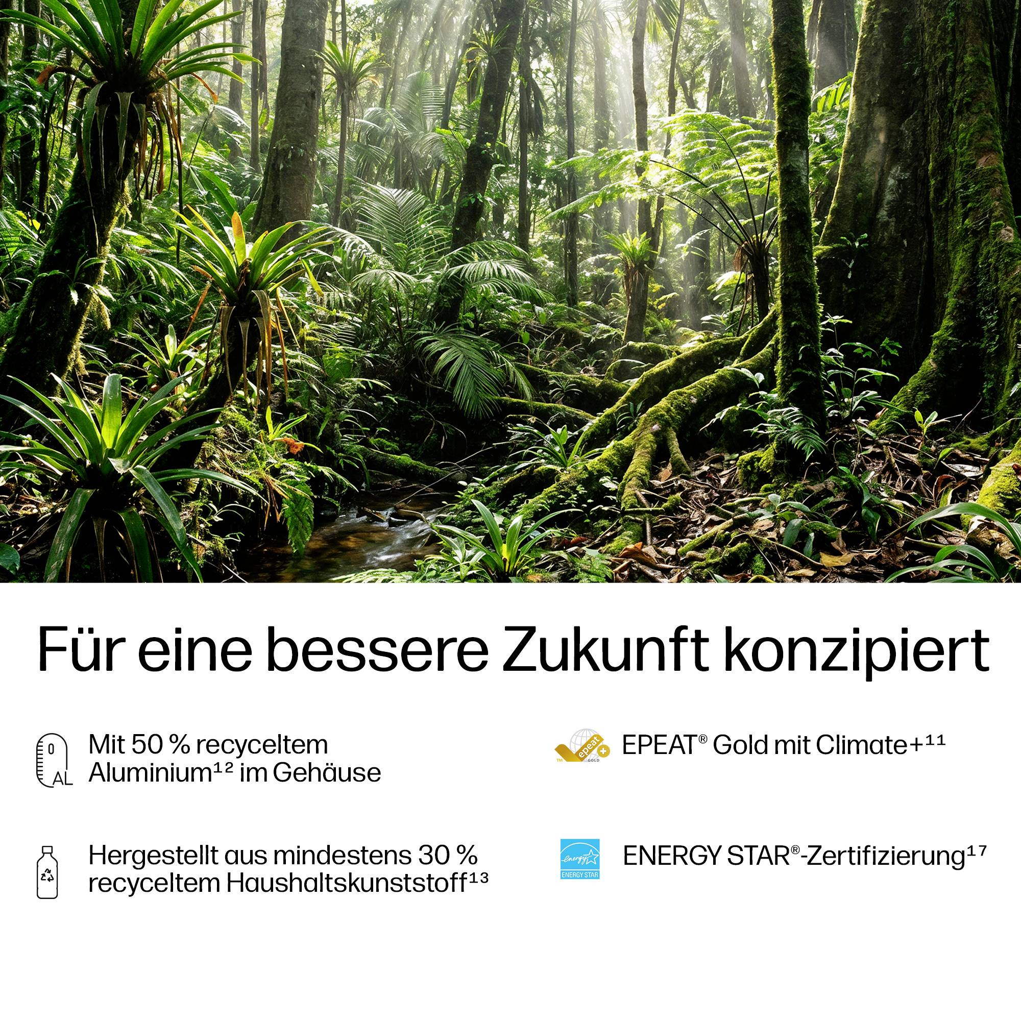 Recyceltes, energieeffizientes Produkt-Messaging über einem Regenwälderabild, das "Für eine bessere Zukunft konzipiert" hervorhebt, plus EPEAT Gold mit Climate+ und ENERGY STAR Zertifizierungen.