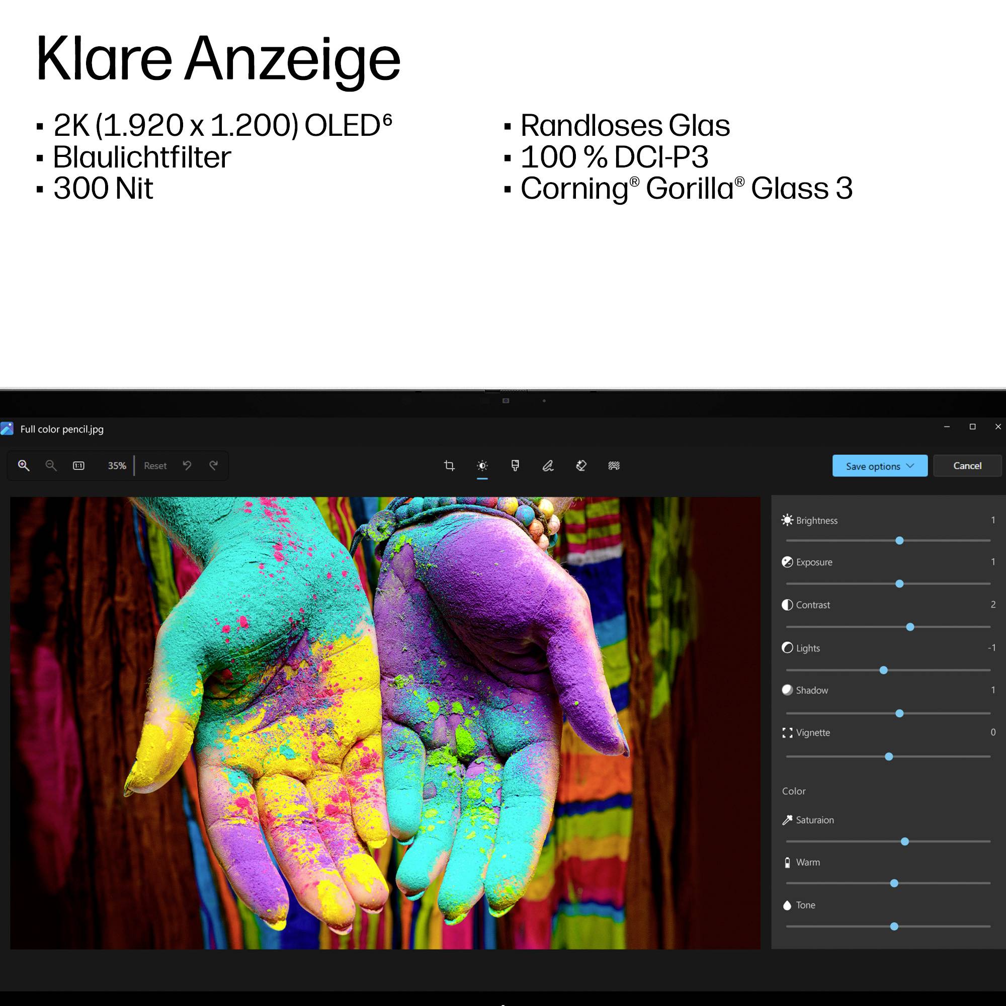Ein Foto-Editor-App zeigt ein farbiges Bild von pulverbeschichteten Händen mit Einstellungsreglern für Helligkeit, Belichtung, Kontrast, Licht, Schatten, Vignette, Sättigung, Wärme und Ton.