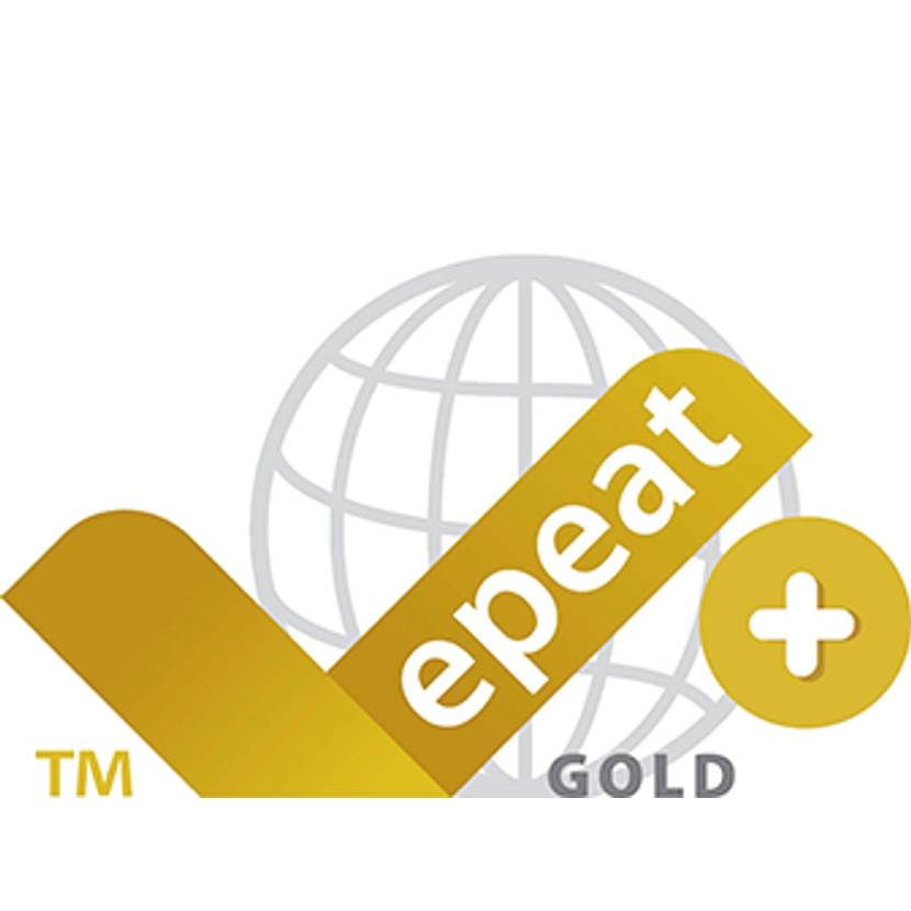 Gold-EPEAT-Logo mit Globussymbol, goldenem Häkchen, Plussymbol und „GOLD"-Text, das eine Zertifizierung für elektronische Produkte anzeigt.