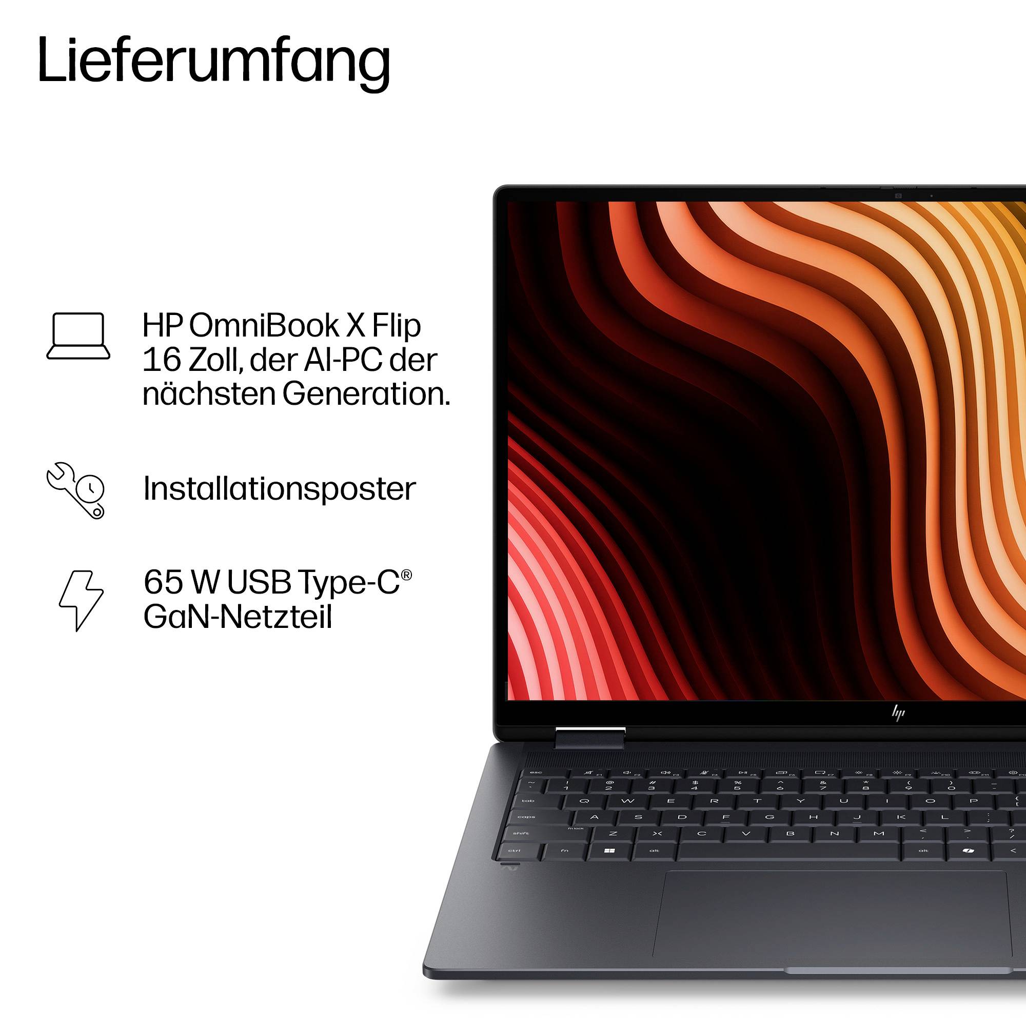 HP OmniBook X Flip 16 Laptop mit einer "Lieferumfang"-Liste: Laptop, Installationsplakat und 65-W-USB-Typ-C-GaN-Ladegerät.
