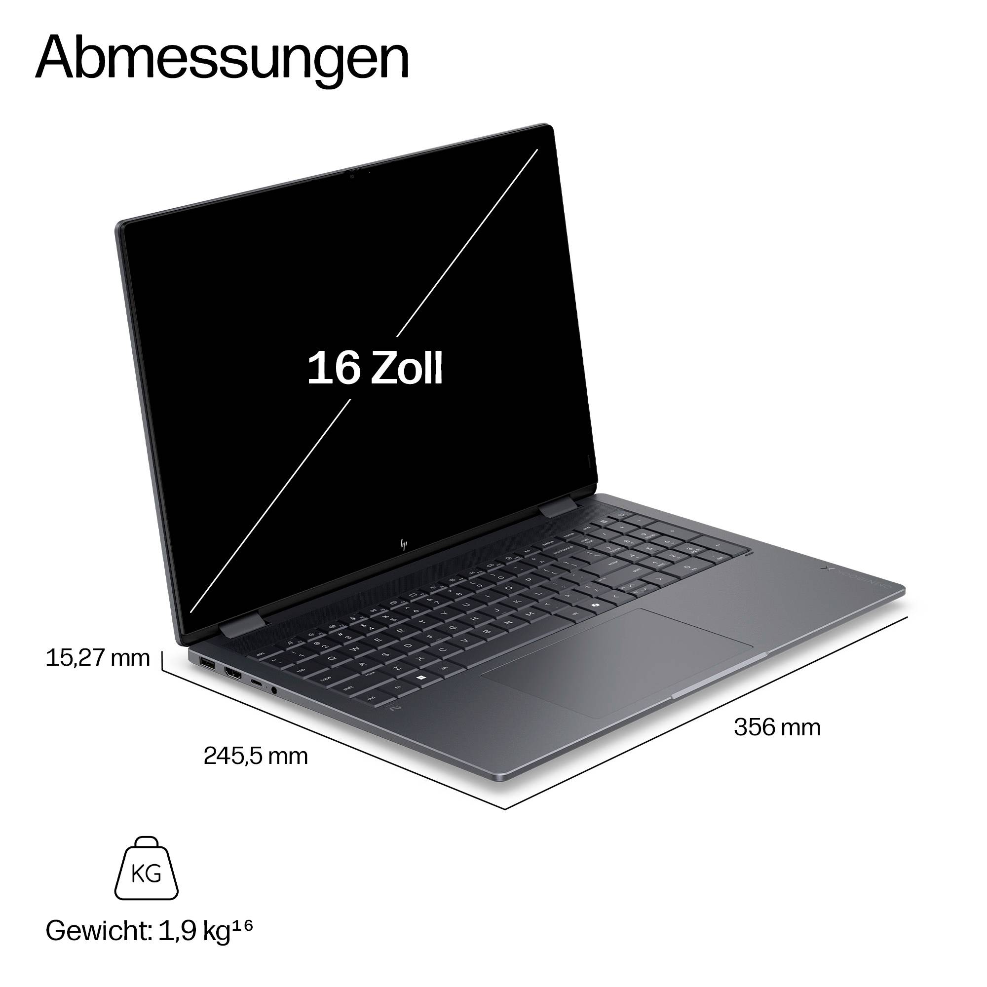 Laptop-Abmessungsdiagramm mit 16-Zoll-Bildschirm, 356 mm Breite, 245,5 mm Tiefe, 15,27 mm Dicke und Gewicht von 1,9 kg.