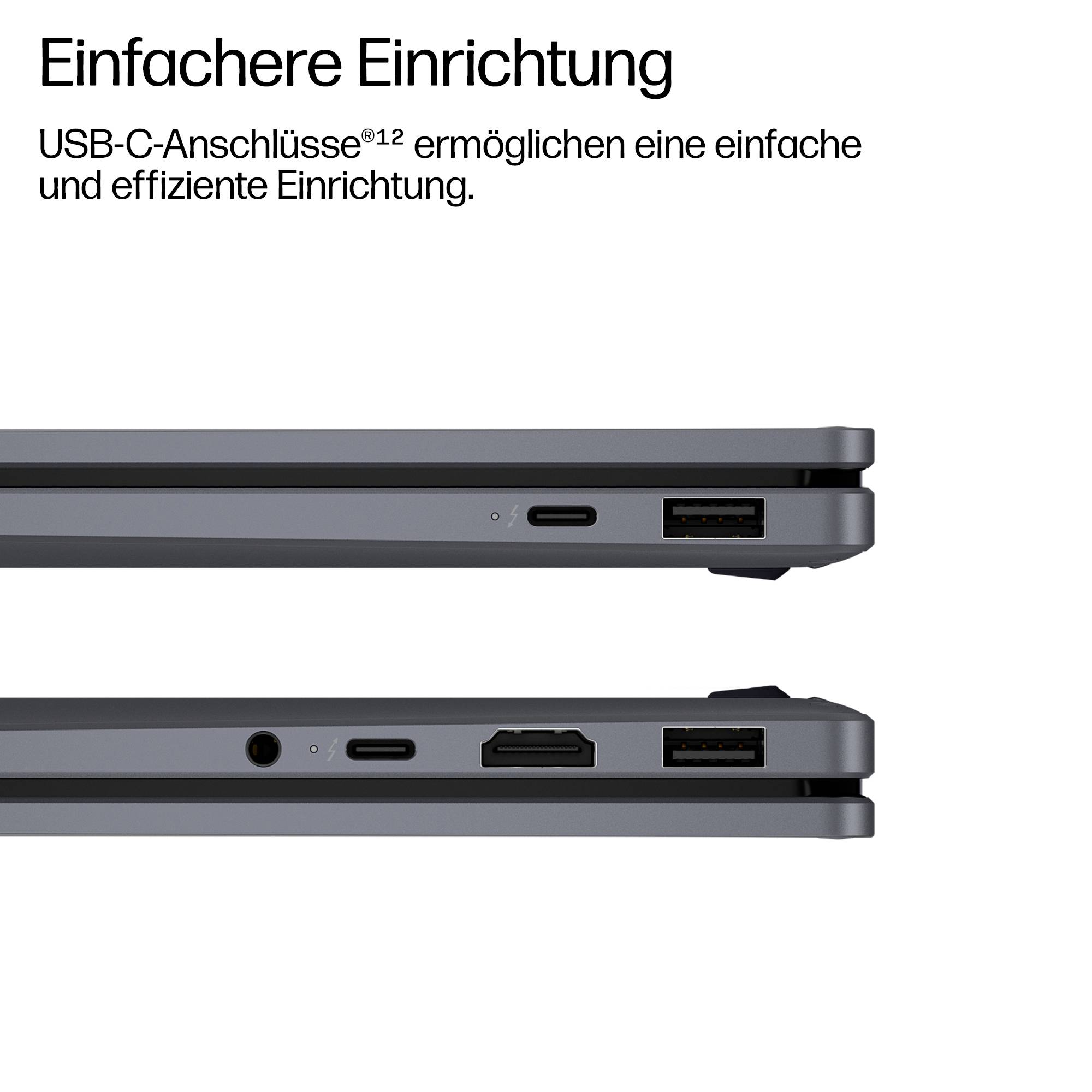 Einfache Einrichtung zeigt zwei Laptop-Seitenansichten mit hervorgehobenen USB-C-Anschlüssen für einfache Einrichtung.