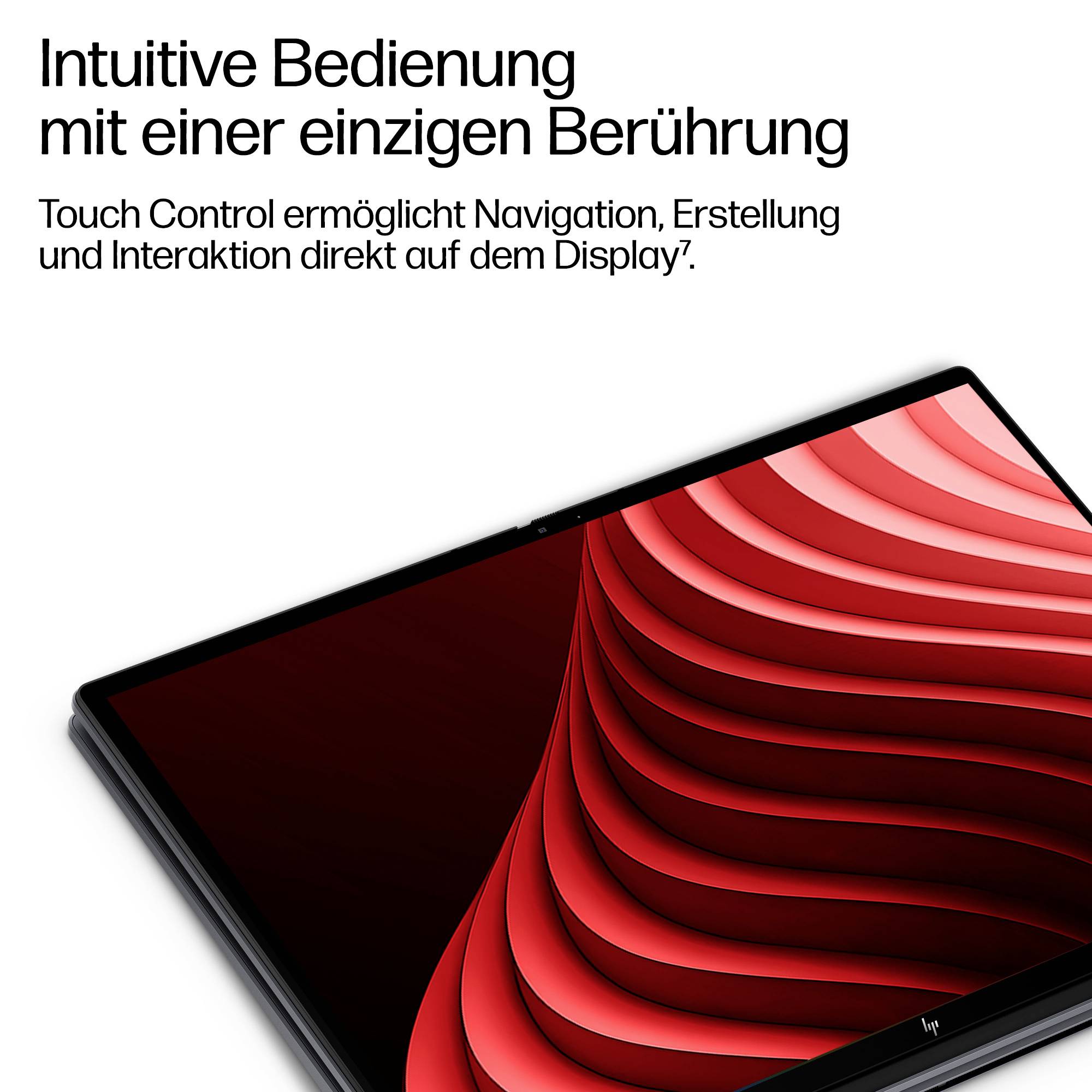 Tablet mit roter abstrakter Welle auf dem Bildschirm, das Touchsteuerung bewirbt; deutscher Text sagt „Intuitive Bedienung mit einer einzigen Berührung" und dass Touch Control Navigation, Erstellung und Interaktion direkt auf dem Display ermöglicht.