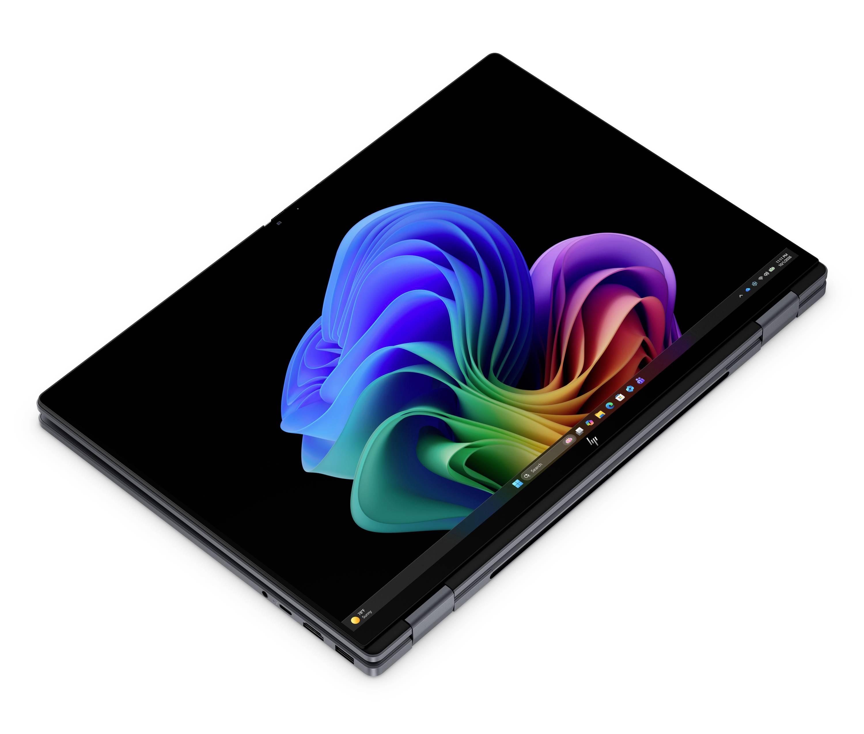 Ein 2-in-1-Convertible-Laptop im Tablet-Modus mit einem farbenfrohen abstrakten Windows-ähnlichen Hintergrundbild auf dem Bildschirm.