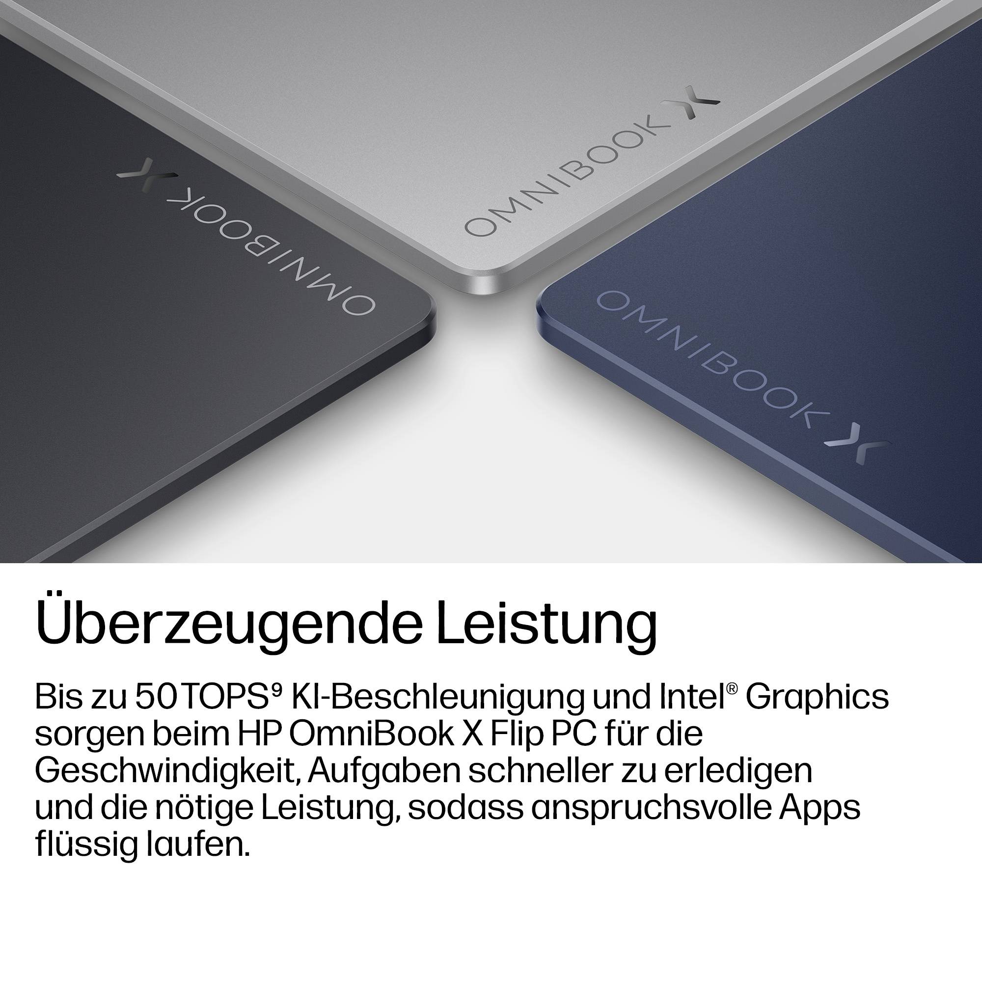 HP OmniBook X Laptops in Silber, Dunkelgrau und Blau über deutschem Anzeigentext: "Überzeugende Leistung" und Text über bis zu 50 TOPS KI-Beschleunigung und Intel Graphics.