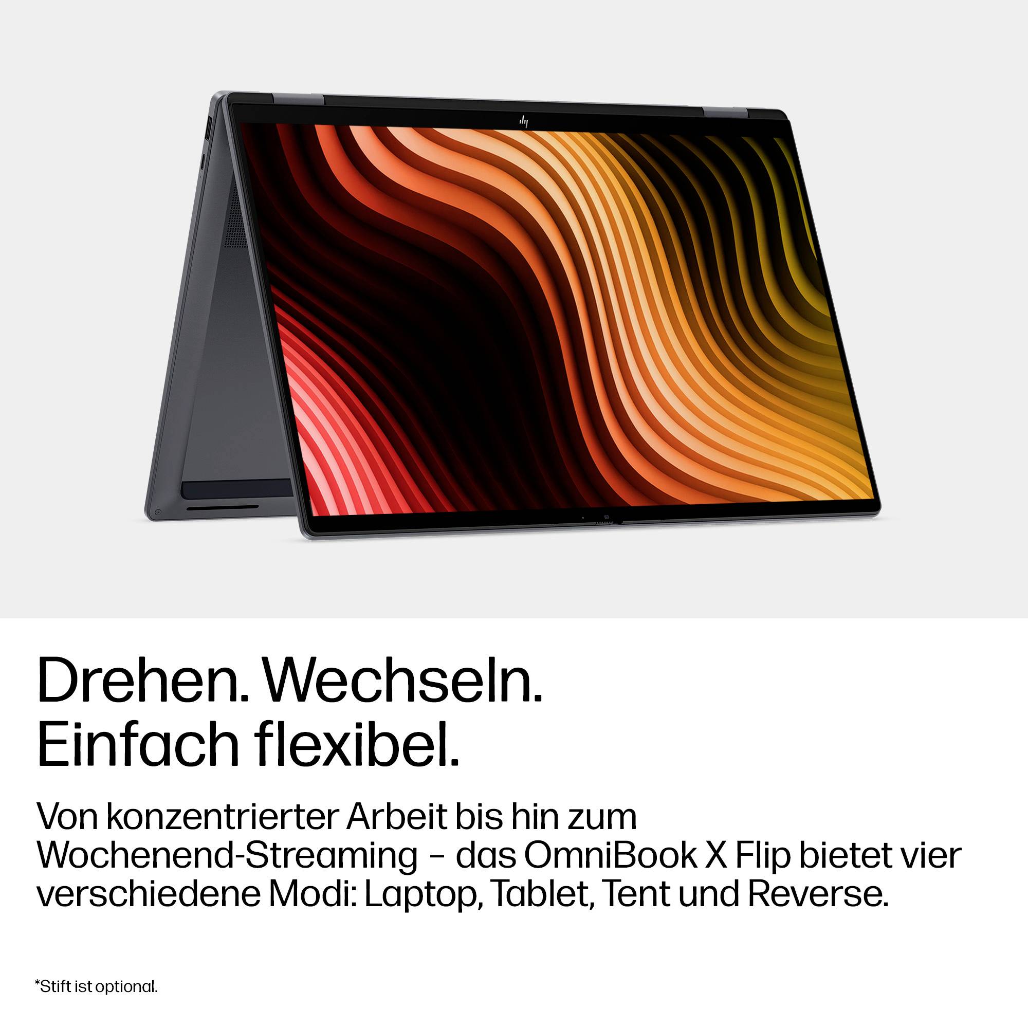 Promotionsbild eines OmniBook X Flip Laptops im Zeltmodus mit abstraktem orange-rotem Display; deutscher Text besagt „Drehen. Wechseln. Einfach flexibel." und verweist auf vier Modi: Laptop, Tablet, Zelt und Reverse.