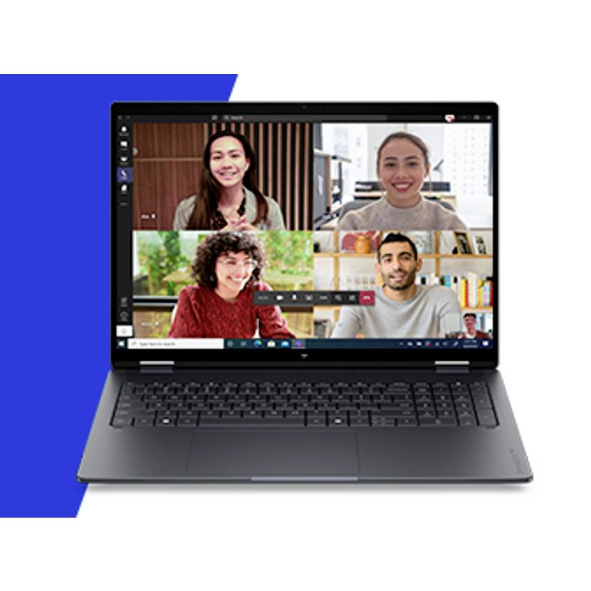 Laptop zeigt eine Videokonferenz mit vier Personen in einem 2x2-Raster an, mit Anrufsteuerungen auf dem Bildschirm.